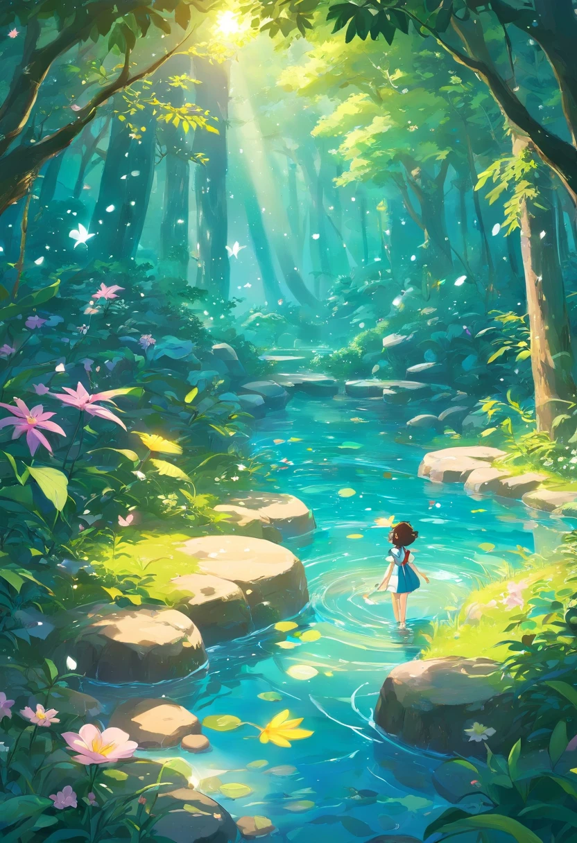 tmasterpiece，Ten centimeters high+Cute little fairies flying in the air，Snow White anime fairy，best qualtiy，（Very detailed CG unity 8K wallpaper），（best qualtiy），（Most Best Illustration），（Best shadow），glowing sprites，Drinking water in the pool，Natural elements in the forest theme。Mysterious Forest，Beautiful forest，great outdoors，surrounded by flower，Delicate leaves and branches are covered with fireflies（nature elements），（Jungle theme），（Foliage），（tree branch），（glowworm），（Particle effect）and so on。。.。.。.。.。.3D，rendering by octane，Ray traching，super detailing