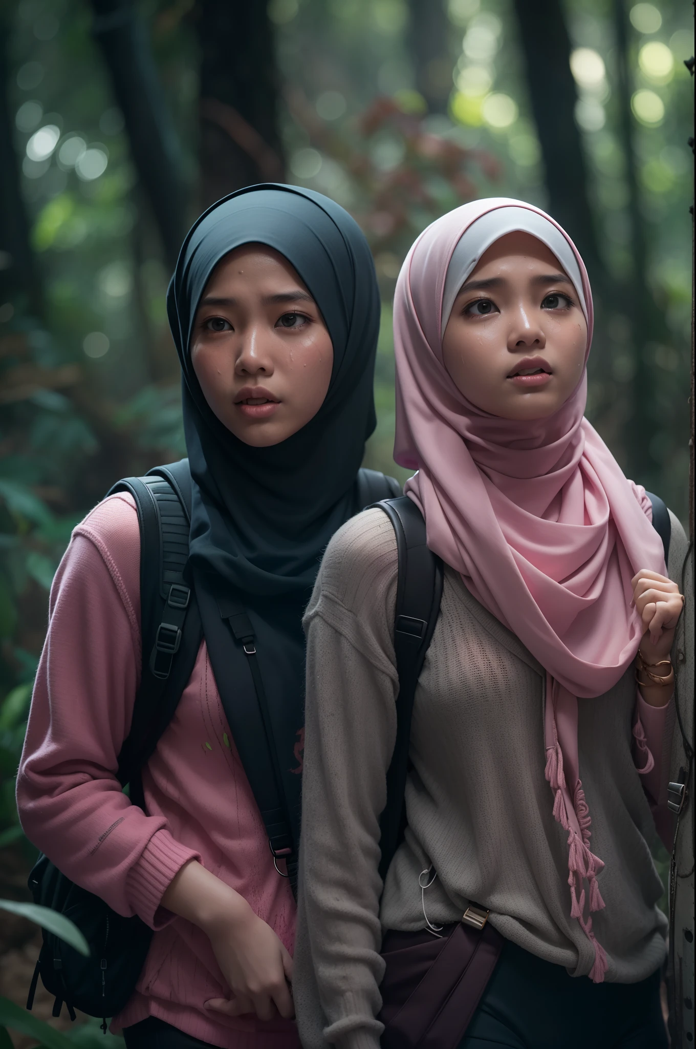 Two malay girl in hijab lost in fantasy jungle, beautiful face, petite body, carry backpack, hiking, torn outfit, ripped outfit, wear sweater and tight pink leggings, scared face, scared expression and body language, sweating, cinematic lighting, professional photography, ultra realistic face, bright cinematic lighting,