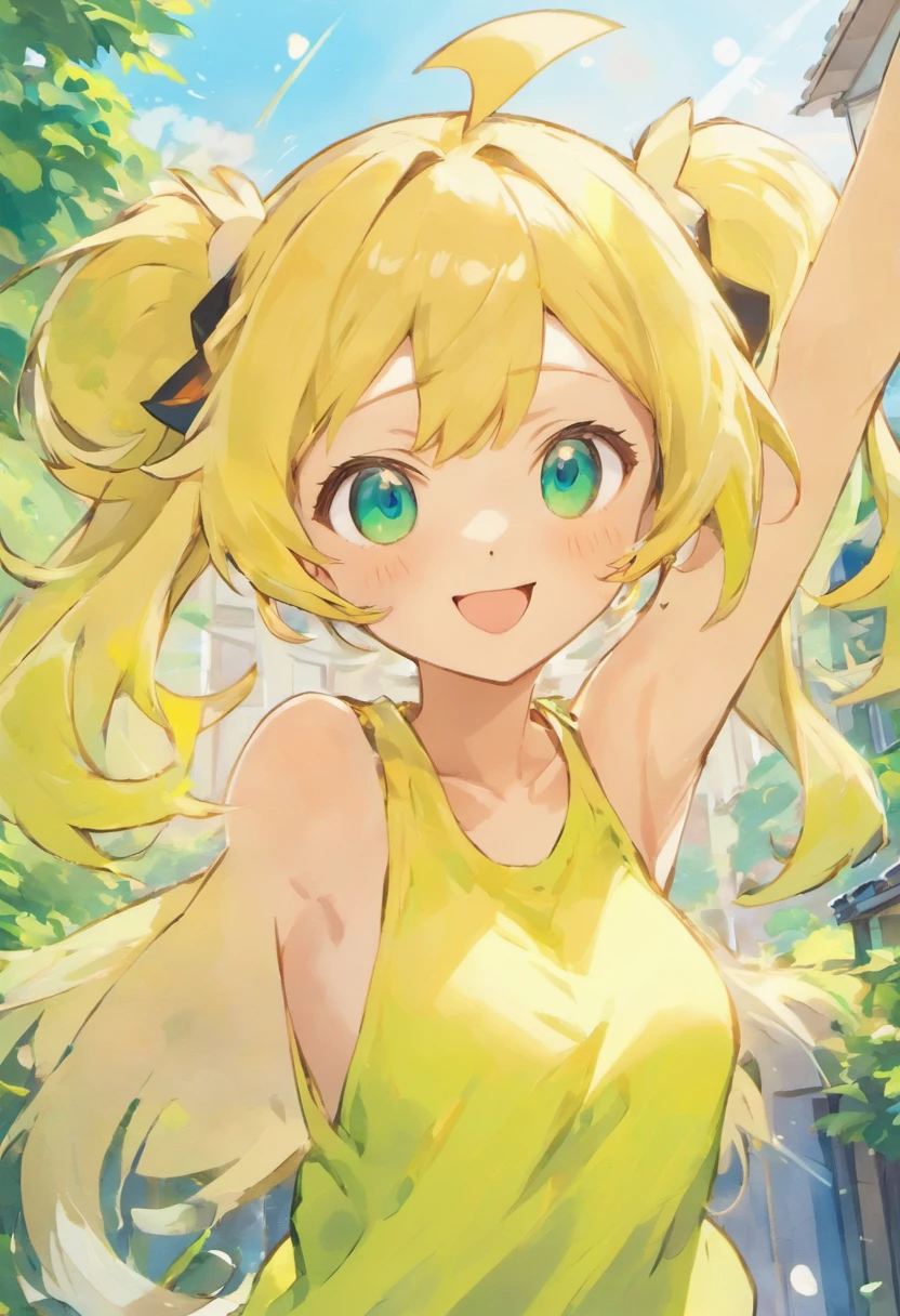 (masterpiece, best quality) expressive elated eyes, perfect face, 1 attractive beautiful lady, upper body shot, loose oversized yellow shirt, exposed shoulders, closed mouth bright smile, cyan twin tails, green eyes, neighborhood background, flat chested