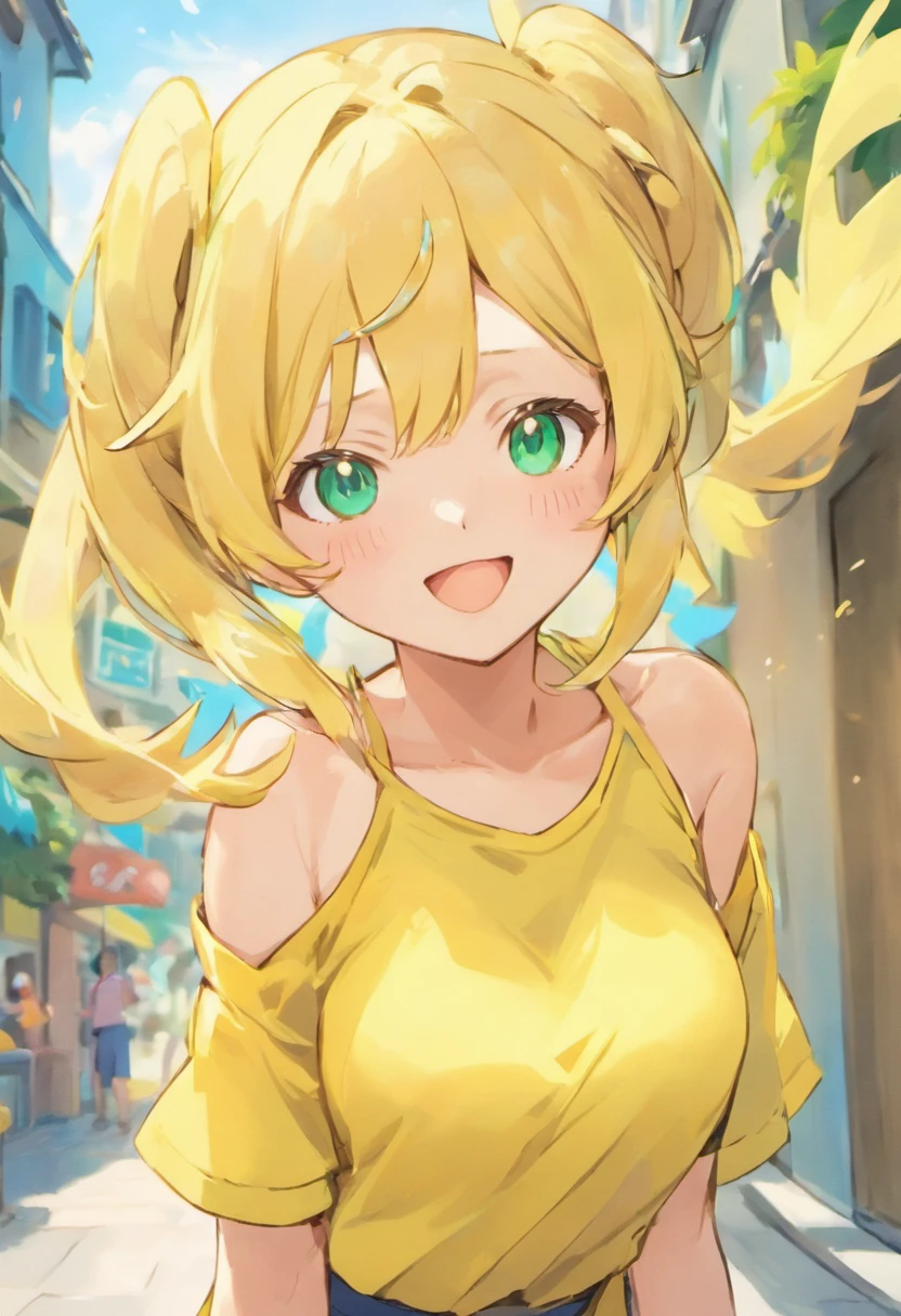 (masterpiece, best quality) expressive elated eyes, perfect face, 1 attractive beautiful lady, upper body shot, loose oversized yellow shirt, exposed shoulders, closed mouth bright smile, cyan twin tails, green eyes, neighborhood background, flat chested