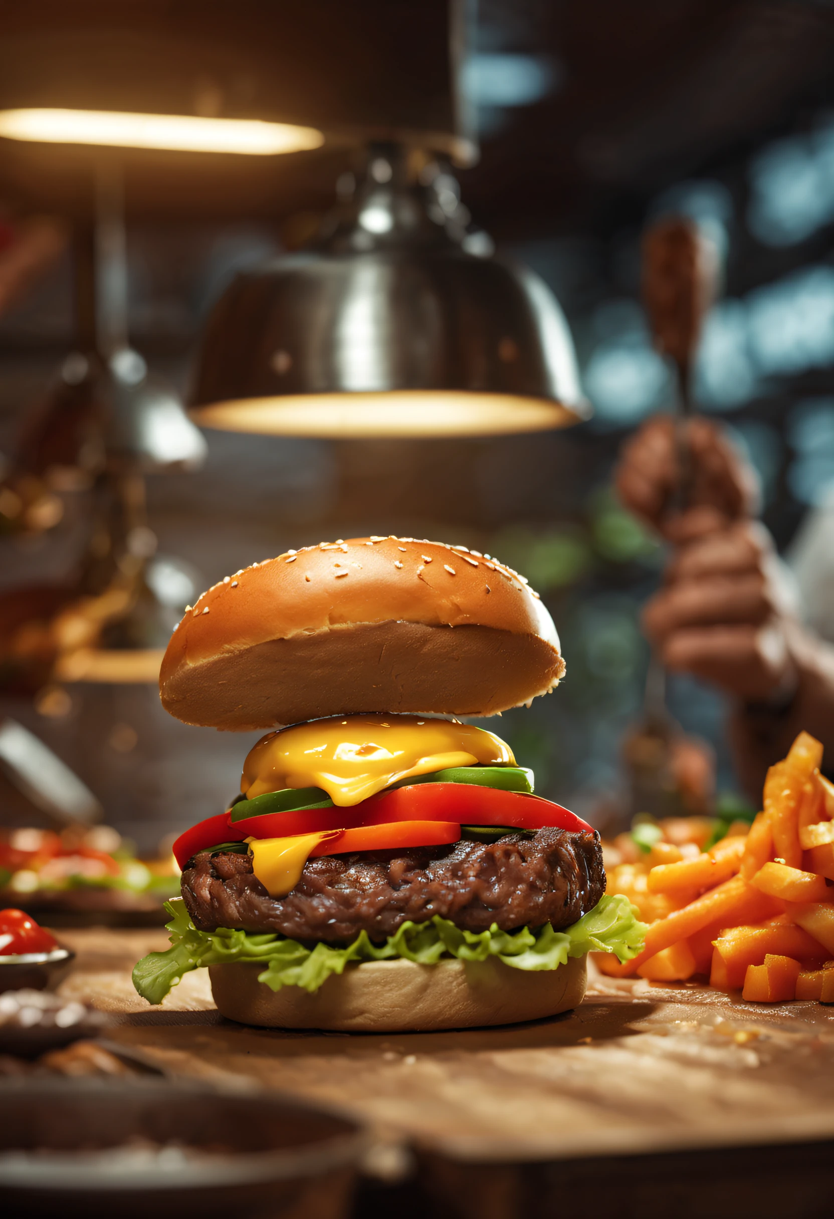 In a hot summer afternoon, a chef is cooking a delicious burger in a modern-style restaurant kitchen. Holding sharp knives, he skillfully stacks fresh vegetables and juicy beef in soft and fluffy buns. The meticulous detailing captures the texture of each ingredient, and the realistic lighting and shadows bring the entire scene to life. The bright lights in the restaurant illuminate the vibrant colors of the burger and side dishes, emitting an enticing aroma. The creative composition highlights the allure of the food, while the artistic atmosphere arouses irresistible appetite. (best quality,4k,8k,highres,masterpiece:1.2),ultra-detailed,(realistic,photorealistic,photo-realistic:1.37),oil painting,delicious-looking burger,creative chef,modern-style restaurant,meticulous food preparation,sharp knives,fresh vegetables and juicy beef,soft and fluffy buns,vivid colors,bright lights,enticing aroma.