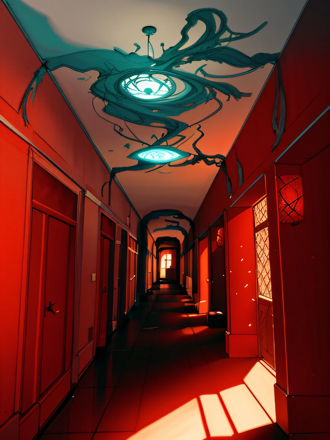 drawing of a hallway with a drawing of an eye on the ceiling leading towards a horrifying word with horror creatures, liminal space hallway, concept drawing, infinite hallway, branching hallway architectural illustration, infinite hallways, ornate borders + concept art,, perspective view, illustrated