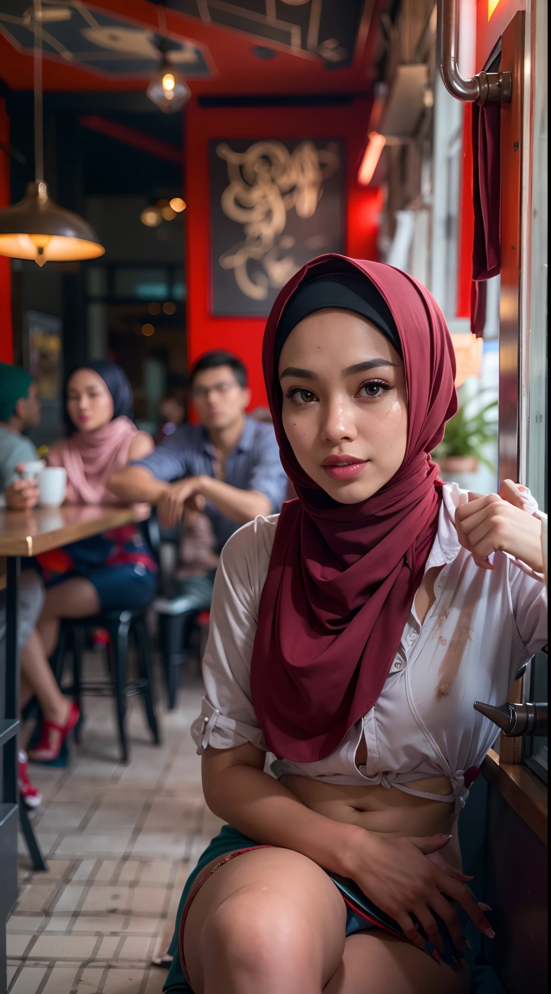 A photo of a young, nerdy malay woman in hijab sitting in a cafe with 1 malay men standing behind, naked, open leg, spread leg, surrounded by a cozy atmosphere, looking at the viewer. (Detail skin:1.3), haired hand,
Hijab, slender, red lips,  flirting with the camera