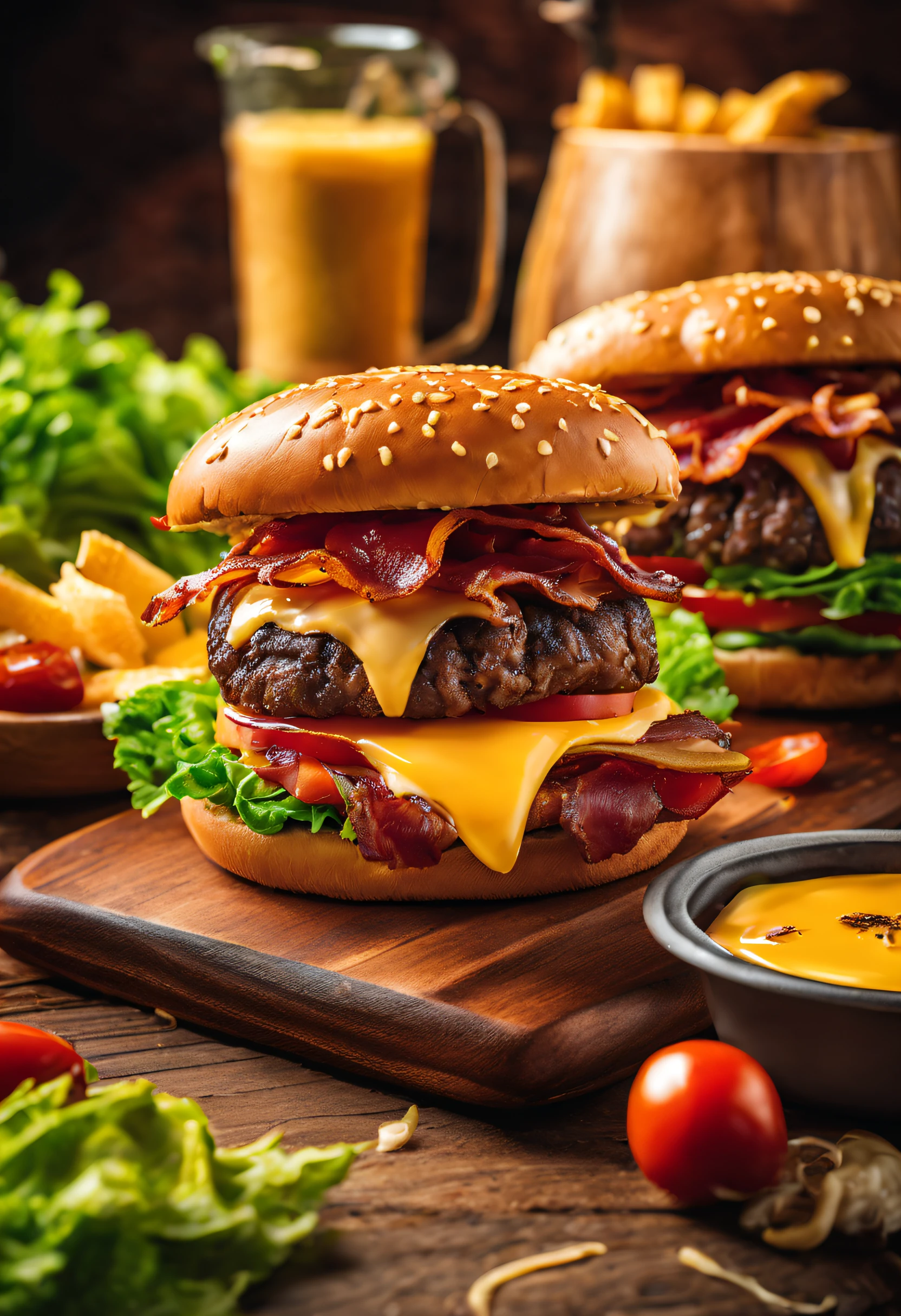 landscape, delicious, juicy burger, mouthwatering, grilled beef patty, melted cheese, toasted bun, fresh lettuce, ripe tomatoes, crispy bacon, caramelized onions, pickles, flavorful condiments, savory aroma, sizzling grill marks, appetizing, indulgent, vibrant colors, natural lighting