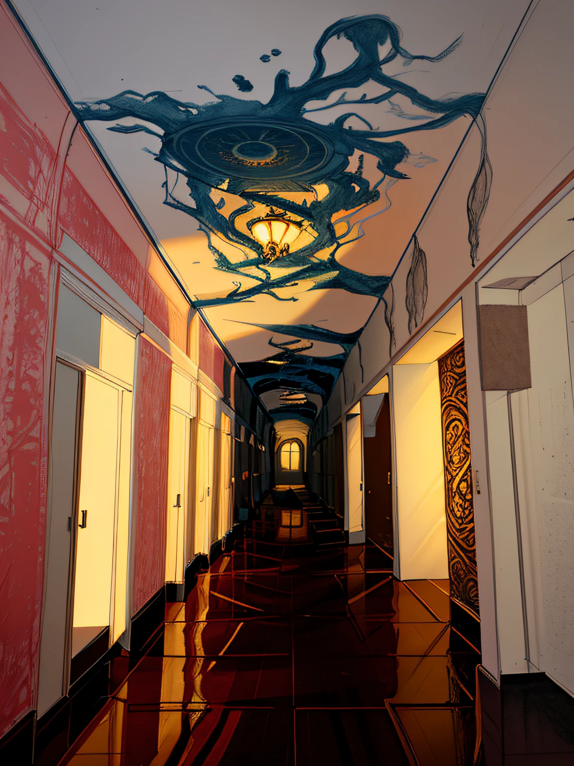 drawing of a hallway with a drawing of an eye on the ceiling leading towards a horrifying word with horror creatures, liminal space hallway, concept drawing, infinite hallway, branching hallway architectural illustration, infinite hallways, ornate borders + concept art,, perspective view, illustrated