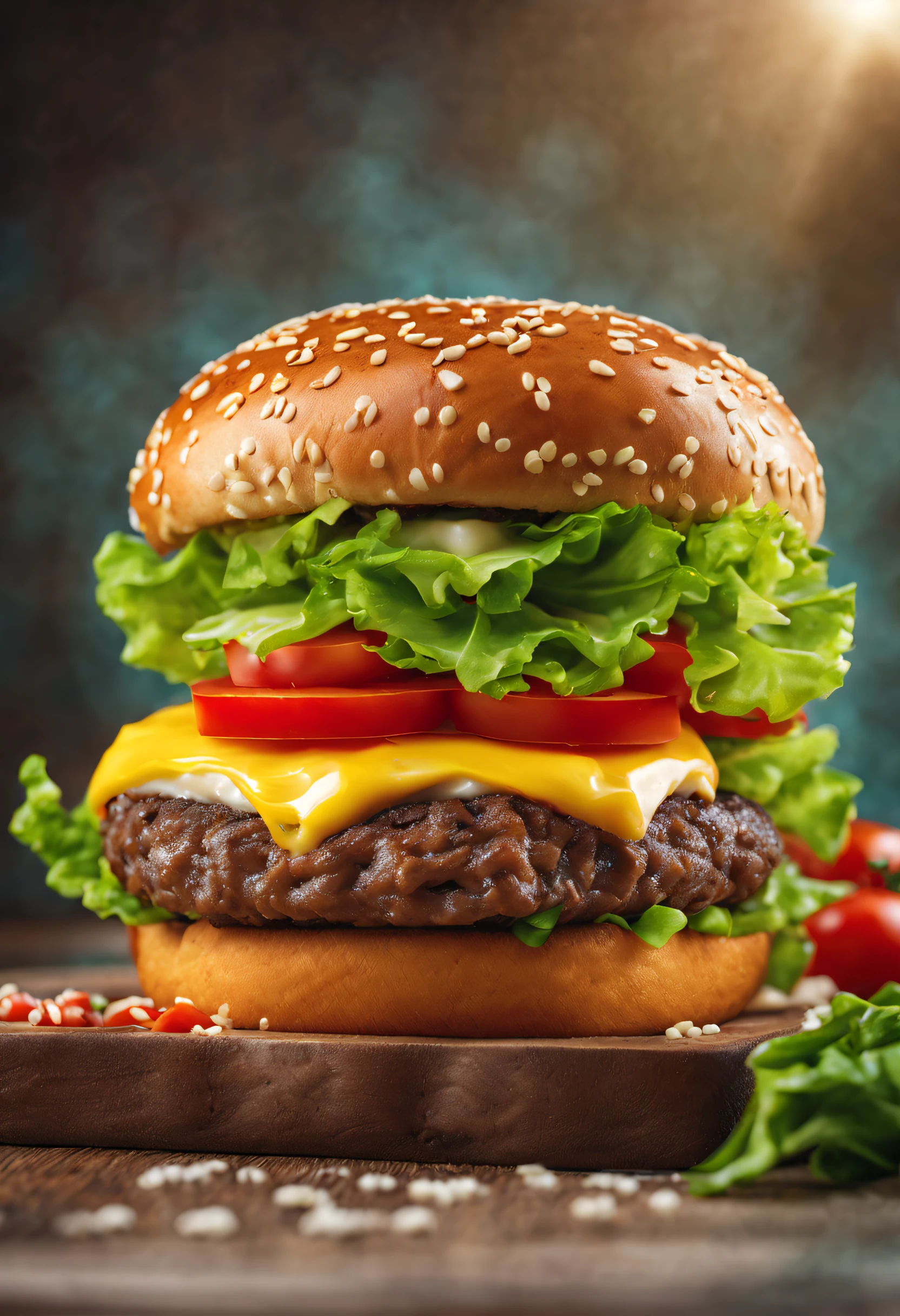 best quality,ultra-detailed,realistic hamburger,juicy patty with perfectly melted cheese,crispy lettuce and fresh tomatoes,sesame seed bun,grilled to perfection,vivid and appetizing colors,studio lighting
