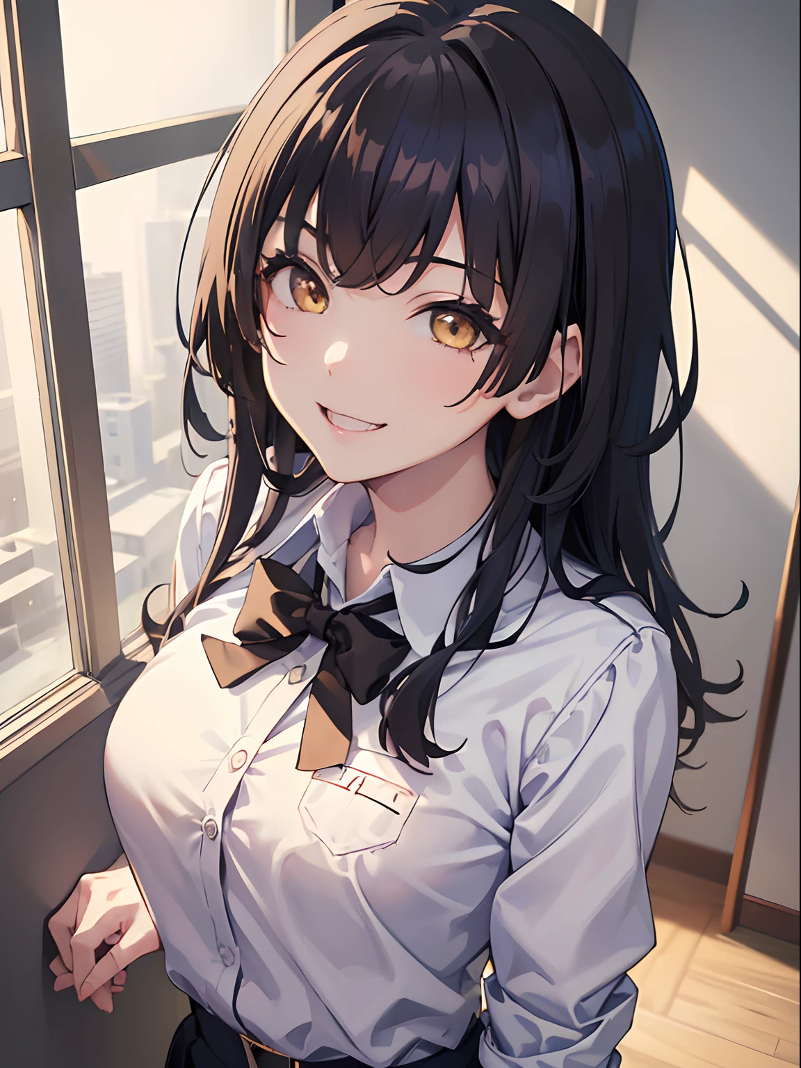 masutepiece, Best Quality, 1girl in, Black hair, ,Yellow eyes, School uniform, crass room, Smiling, Detailed eyes, detailed facial features, Realistic and high resolution (Best Quality, 4K, 8K, hight resolution, masutepiece:1.2)