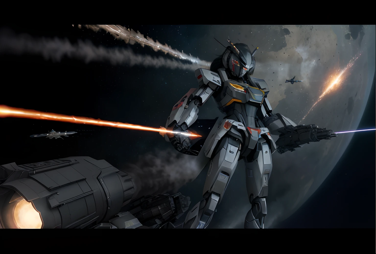 ultra-realistic realism, Ray traching, realisticlying, hyper HD, high detal, 32k, best qualtiy, textureskin, Gundam Mech, flight, funnel, Mecha ship, tmasterpiece, best qualtiy, mechs, Unmanned, (full bodyesbian), (Black color mecha: 1.8), (轴对称: 1.4), (HDR), (cinematric light: 1.1), White eyes, cruel, scientific fiction, firey, kosmos, Oversized shield, Background overlooking the earth, Laser cannon beam, karo, conflict,,