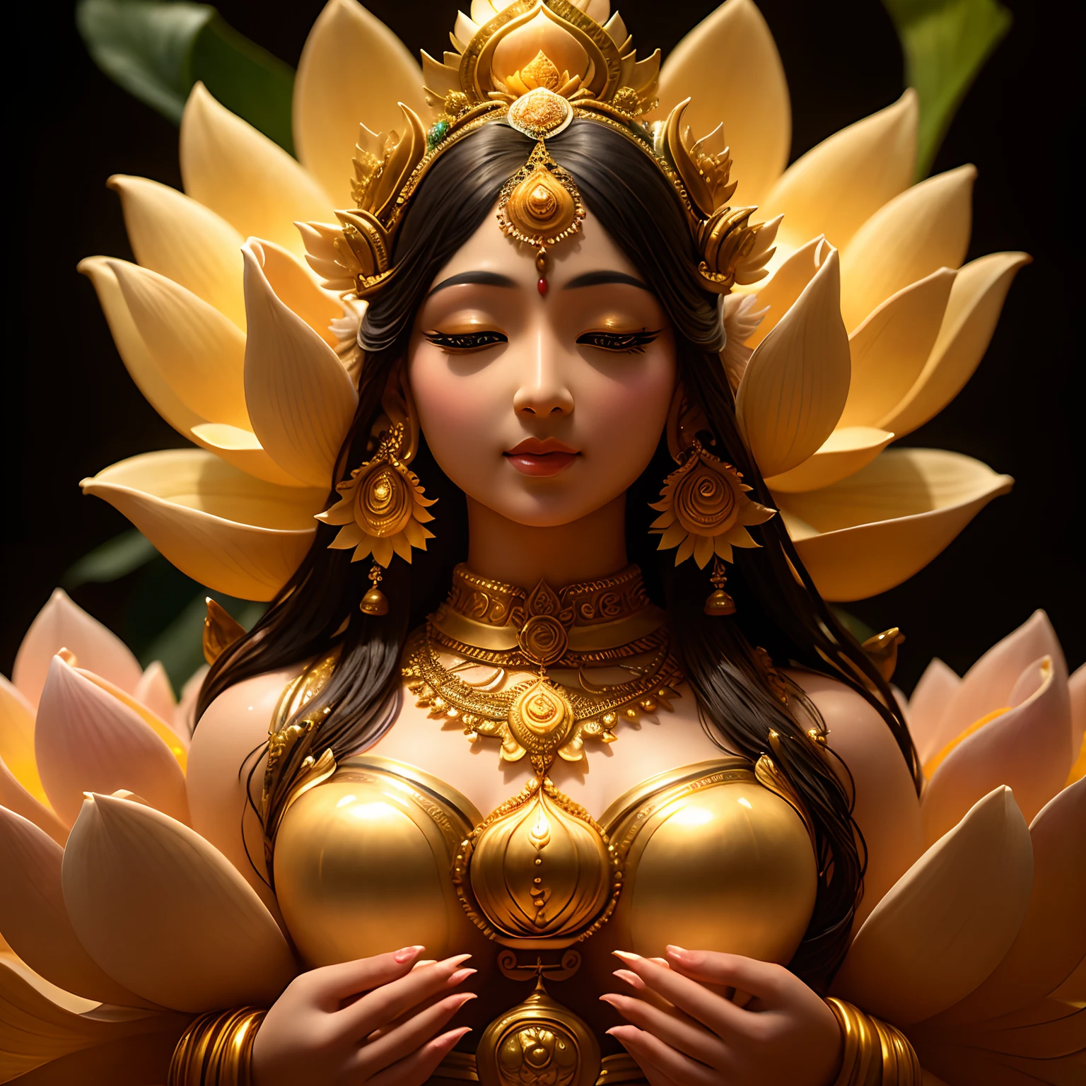 Goddess Lakshmi with Lotus, Miki Asai Macro photography, close-up, hyper detailed, trending on artstation, sharp focus, studio photo, intricate details, highly detailed, by greg rutkowski