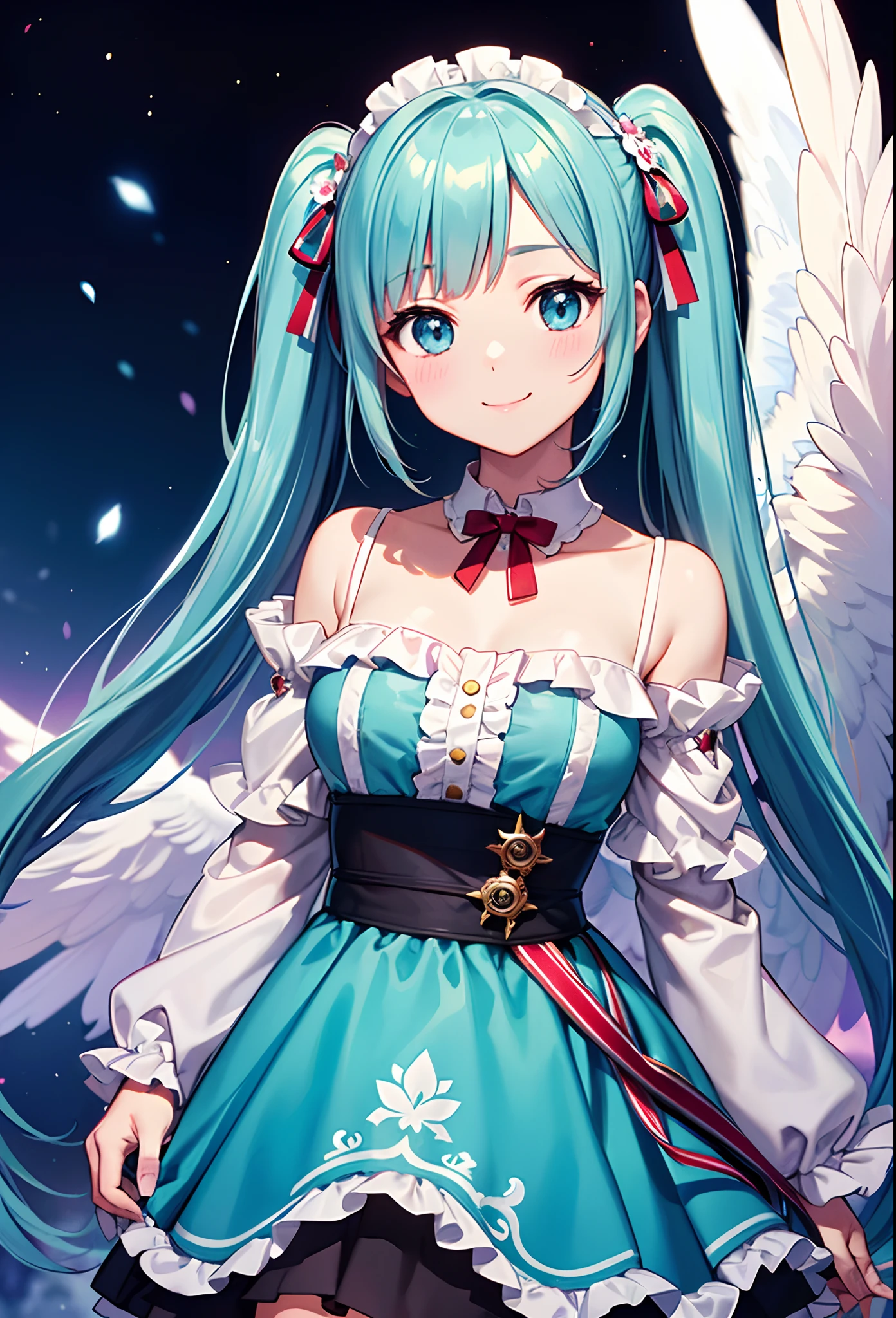 Angel wings shining in seven colors、1 kawaii girl、adorable smiling、Twin tails with long light blue hair、Colorful angel costume in ta style with ruffles、A blizzard of fluttering flowers(Some photos)、((top-quality))、((masterpiece))、(ighly detailed、highestdetailed、Official art、Beautifully Aesthetic:1.2)