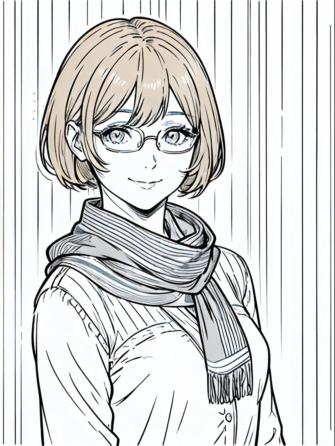 Beautiful woman, 25 years old, short hair (blonde), light brown eyes, eyeglasses, looking directly at the camera, simple smile, nature background, neck scarf (with stripes), showing only the face, lineart, manga lineart, no colors