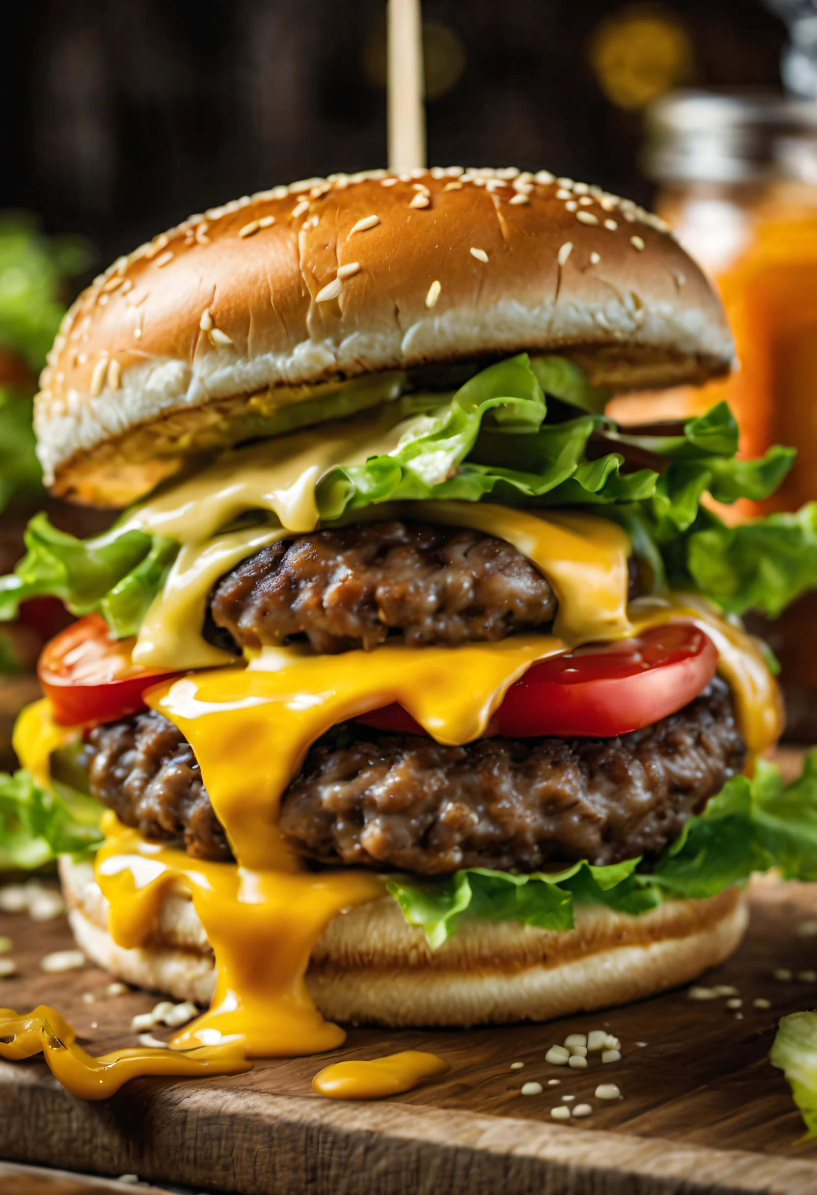 (burger),juicy patty,crisp lettuce,fresh tomatoes,melted cheese,sesame seed bun,delectable toppings,savory sauce,(mouthwatering,delicious) American classic,grilled to perfection,[gourmet](burger),messy and satisfying,irresistible aroma,ultimate comfort food,[fast food](favorite:1.1),perfectly charred,(perfectly cooked,medium rare),creamy mayonnaise,sweet pickles,side of crispy fries,tasty condiments,food photography,vibrant colors,[natural lighting](food:0.9),close-up shot,intense flavors,indulgent treat