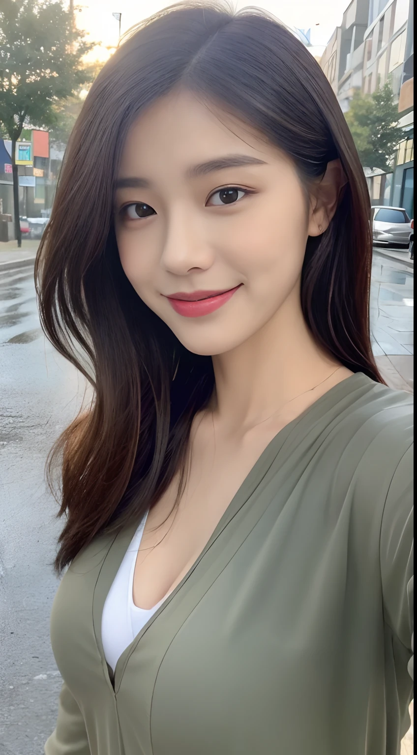 ((Best Quality, 8K, Masterpiece: 1.3)), Sharp Focus: 1.2, A Beautiful Woman with Perfect Figure: 1.4, Slim Abs: 1.2, (Layered Hairstyle,: 1.2)), (Wet White Button Long Shirt: 1.3), Rain: 1.3, Street: 1.2, Wet Body: 1.1, Highly Detailed Face and Skin Texture, Detailed Eyes, Double Eyelids, Big Breasts, Smile,
