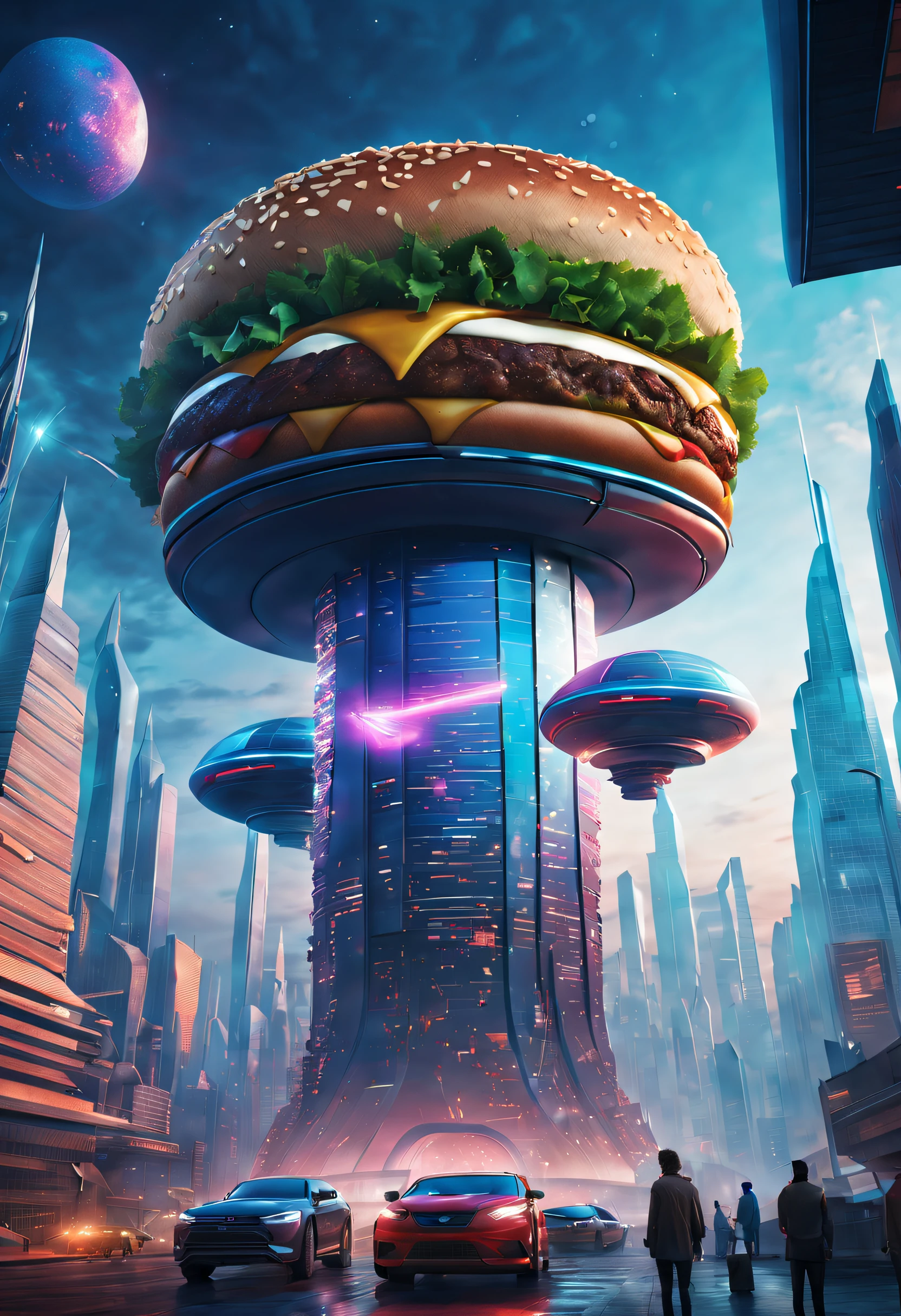 In a futuristic city, a massive hamburger tower stands tall among skyscrapers. The artwork is done in a sci-fi style, with buildings adorned with geometric patterns and metallic textures. The lights on the hamburger tower flicker, casting dazzling colors onto the entire city. Numerous flying cars float in the night sky, adding to the sense of the future. People in the scene stop to admire, their clothing also infused with futuristic elements. This scene showcases the fusion of technology and food, evoking a unique and beautiful ambiance.

(best quality, 4k, 8k, highres, masterpiece:1.2), ultra-detailed, (realistic, photorealistic, photo-realistic:1.37), HDR, UHD, studio lighting, ultra-fine painting, sharp focus, physically-based rendering, extreme detail description, professional, vivid colors, bokeh, portraits, landscape, sci-fi, photography