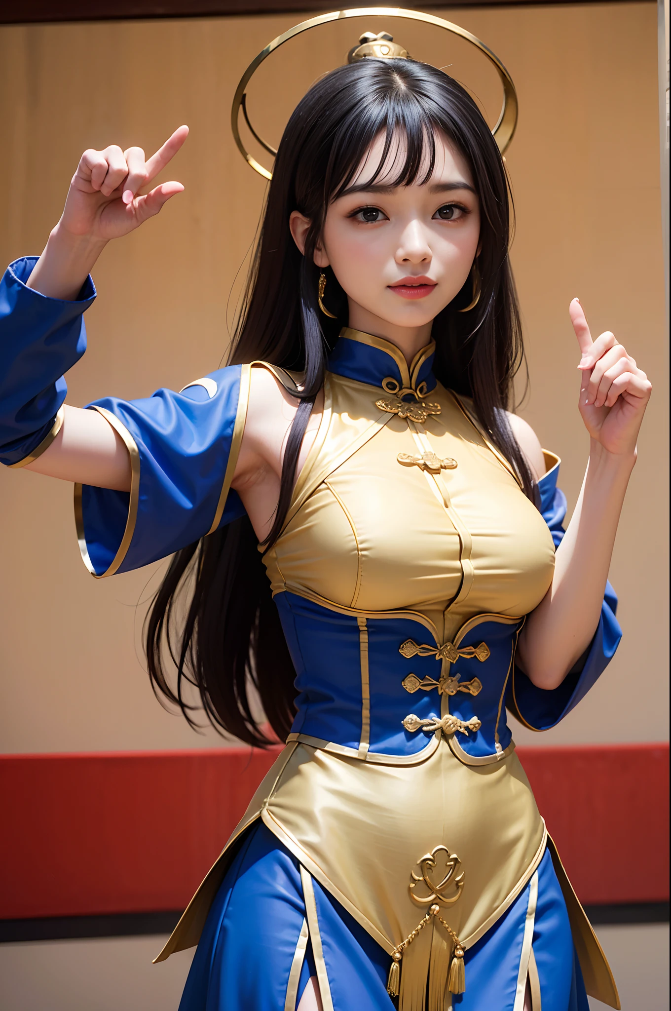 Charming Chinese dancer,face reta,franja,Antecedentes altamente detalhados,Mulher branca bonita com peitos grandes e macios e pele branca. peito enorme: 1.4,Rosto altamente detalhado, Olhos detalhados,