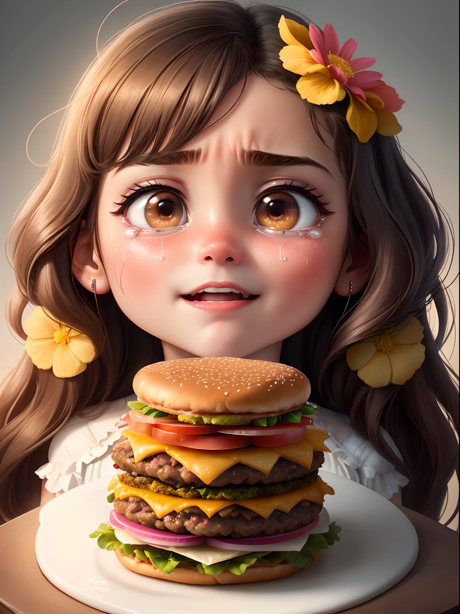 (Multi-layered giant hamburgers), (Aggrieved girl), The expression of crying,{{Masterpiece}}, {{{Best quality}}}, {{Ultra-detailed}}, {{{illustration}}},Clear facial features,concept art of character,Game scene graph,,Caricature,Masterpiece,illustration,Photorealism,Imaginative,Cartoon,kawaii,An atmosphere of happiness,Depth of field (degrees of freedom),closeup cleavage,(mcu),mid closeup,,
