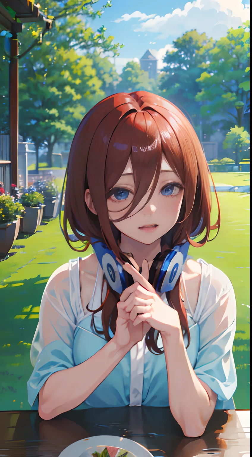 (masterpiece, high quality, high res), Nakano Miku (quintessential quintuplets), brown hair, bangs, headphones, sleeping on grass, garden, curvy body, cute smile, eyes closed, flowers, mature look, anime version, extremely detailed, UHD, 4k, 8k, award-winning, sharp focus, anime version, detailed face