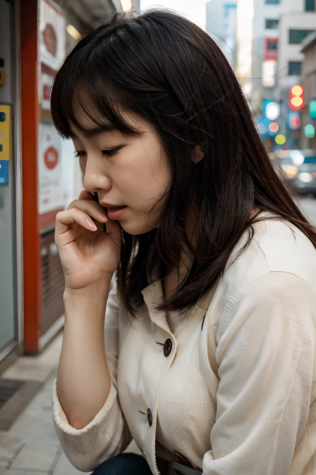 A Korean woman crying loudly with her head bowed down.