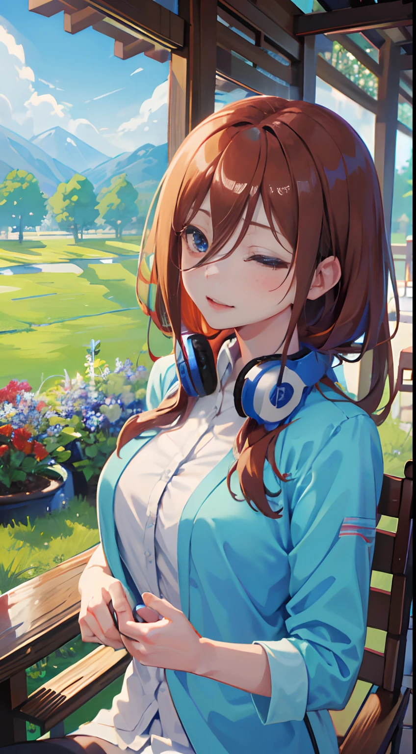 One girl, alone, 20-year-old, Brown eyes, Brown Hair, smile, Beautiful plain clothes, grassland, Lie on your back, Large breasts, headphone, masterpiece, Fine Fingers, 最high quality:1.4, high quality, detailed,