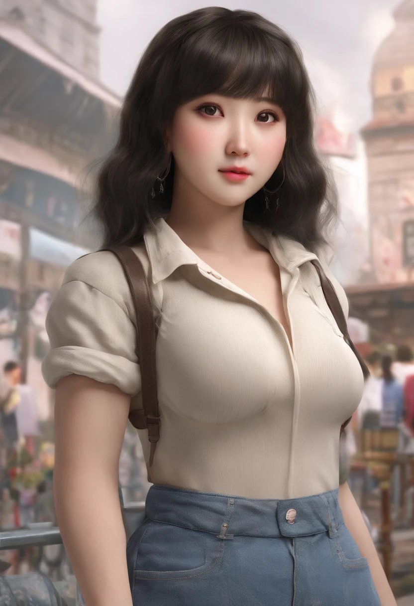 Asian girl realist big ass, a chubby asian woman with long straight black hair and slight flowy bangs. She is overweight. White skin. She has weak jaw and small lower mouth. Her face is round shape. The lenght between her eyes are near. Diamond eyes shape and monolid and small. 3d pixar style cartoon.