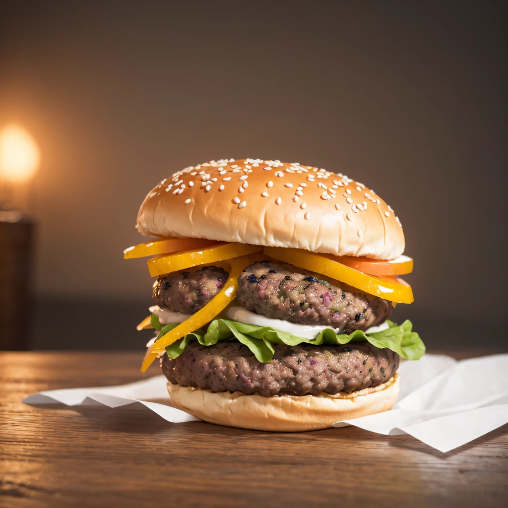 (Best quality、Realistic、Photorealistic:1.37)、hamburgers(full bodyesbian:1.5)、Hamburg always runs、Chase the burger enemy、(hamburgers:1.5)、(The burger is shiny，juice)、Blue sky background、Hills full of pink and white daisies、Vivid colors、strong contrasts、Soft lighting、Hole to see people， Batik linen bandana， Crane pattern long sleeve garment，ice flower（Abstract propylene splash：1.2）， Thick fog background，Grilled burgers（realisticlying：1.4），hamburgers，Fairy air fluttering，the complex background， A high resolution， the detail， RAW photogr， Sharp Re， Nikon D850 Film Stock Photo by Jefferies Lee 4 Kodak Portra 400 Camera F1.6 shots, Rich colors, ultra-realistic vivid textures, Dramatic lighting, Unreal Engine Art Station Trend, cinestir 800，Flowing black hair,（（（Big Mac Burger King）））