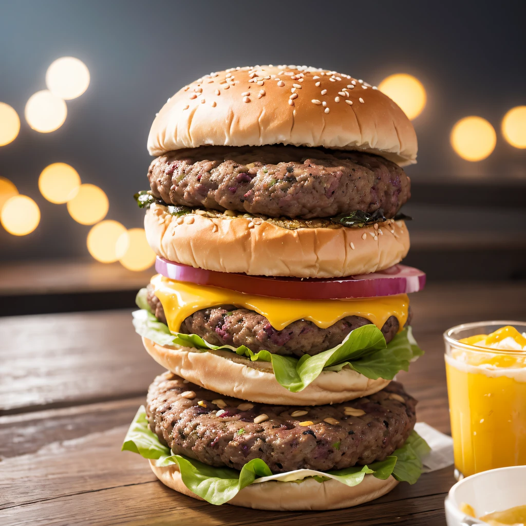 (Best quality、Realistic、Photorealistic:1.37)、hamburgers(full bodyesbian:1.5)、Hamburg always runs、Chase the burger enemy、(hamburgers:1.5)、(The burger is shiny，juice)、Blue sky background、Hills full of pink and white daisies、Vivid colors、strong contrasts、Soft lighting、Hole to see people， Batik linen bandana， Crane pattern long sleeve garment，ice flower（Abstract propylene splash：1.2）， Thick fog background，Grilled burgers（realisticlying：1.4），hamburgers，Fairy air fluttering，the complex background， A high resolution， the detail， RAW photogr， Sharp Re， Nikon D850 Film Stock Photo by Jefferies Lee 4 Kodak Portra 400 Camera F1.6 shots, Rich colors, ultra-realistic vivid textures, Dramatic lighting, Unreal Engine Art Station Trend, cinestir 800，Flowing black hair,（（（Big Mac Burger King）））