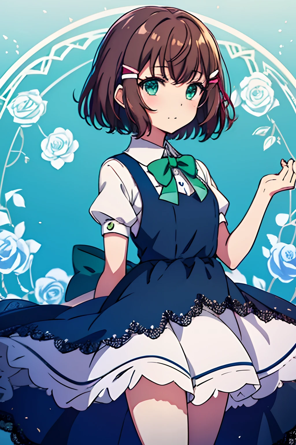 Sasanami Shoko, Valvrave, hair clips, Blue roses, Dress, Lace dress, Brown hair, Green eyes, Short hair, bow ribbon