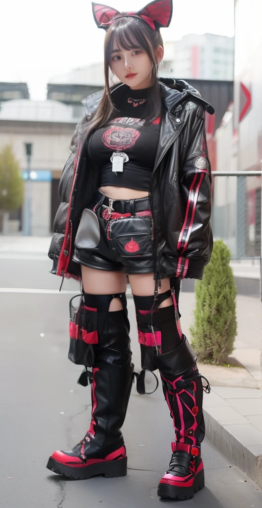 infp young woman、Good Style、、Black shorts、、Idol face、large full breasts、、long boots、fishnet tights、Spider Web Pattern Tops