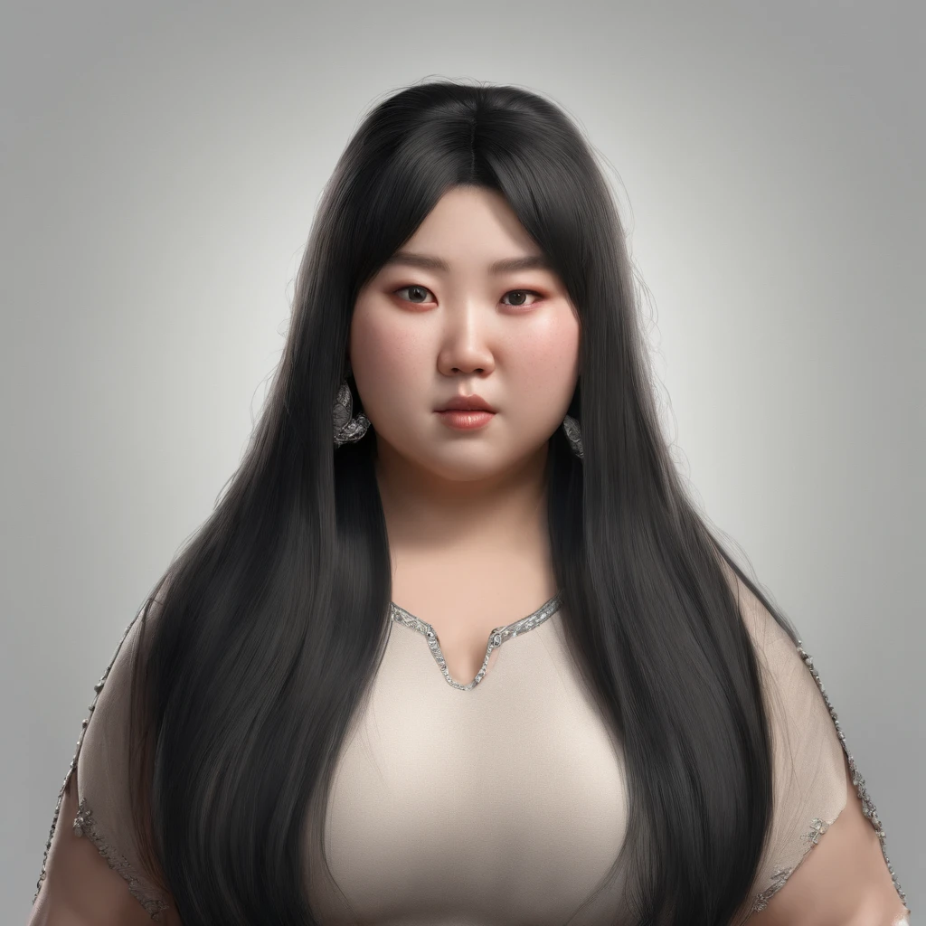 a chubby asian woman with long straight black hair and slight flowy bangs. She is overweight. White skin. She has weak jaw and small lower mouth. Her face is round shape. The lenght between her eyes are near. Diamond eyes shape and monolid and small.