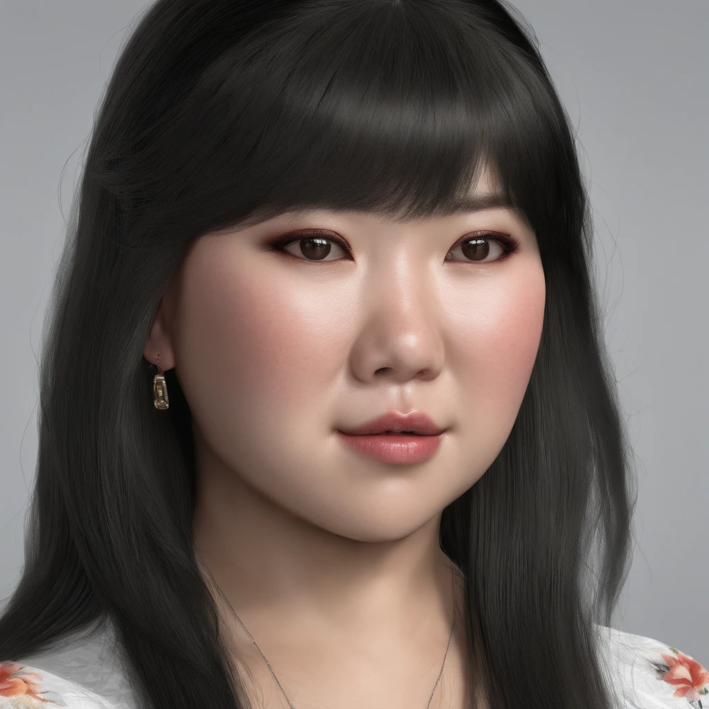 a chubby asian woman with long straight black hair and slight flowy bangs. She is overweight. White skin. She has weak jaw and small lower mouth. Her face is round shape. The lenght between her eyes are near. Diamond eyes shape and monolid and small.