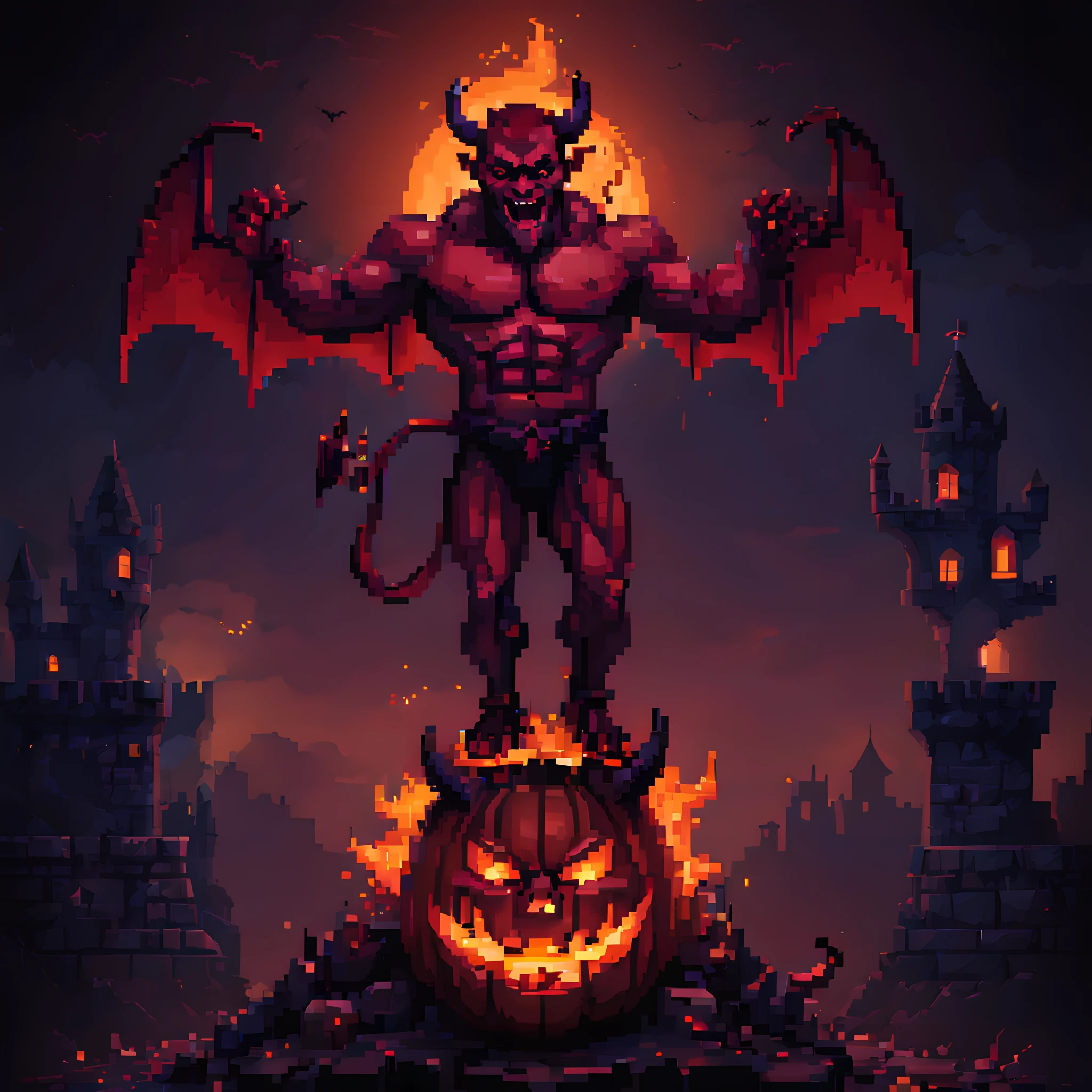 (halloween theme:1.3), (devil:1.5), (devil:1.5), (pixel art:1.5), scary muscular devil, standing on broken jack O'lantern, halloween day, dark background, european castle, fire aura background,