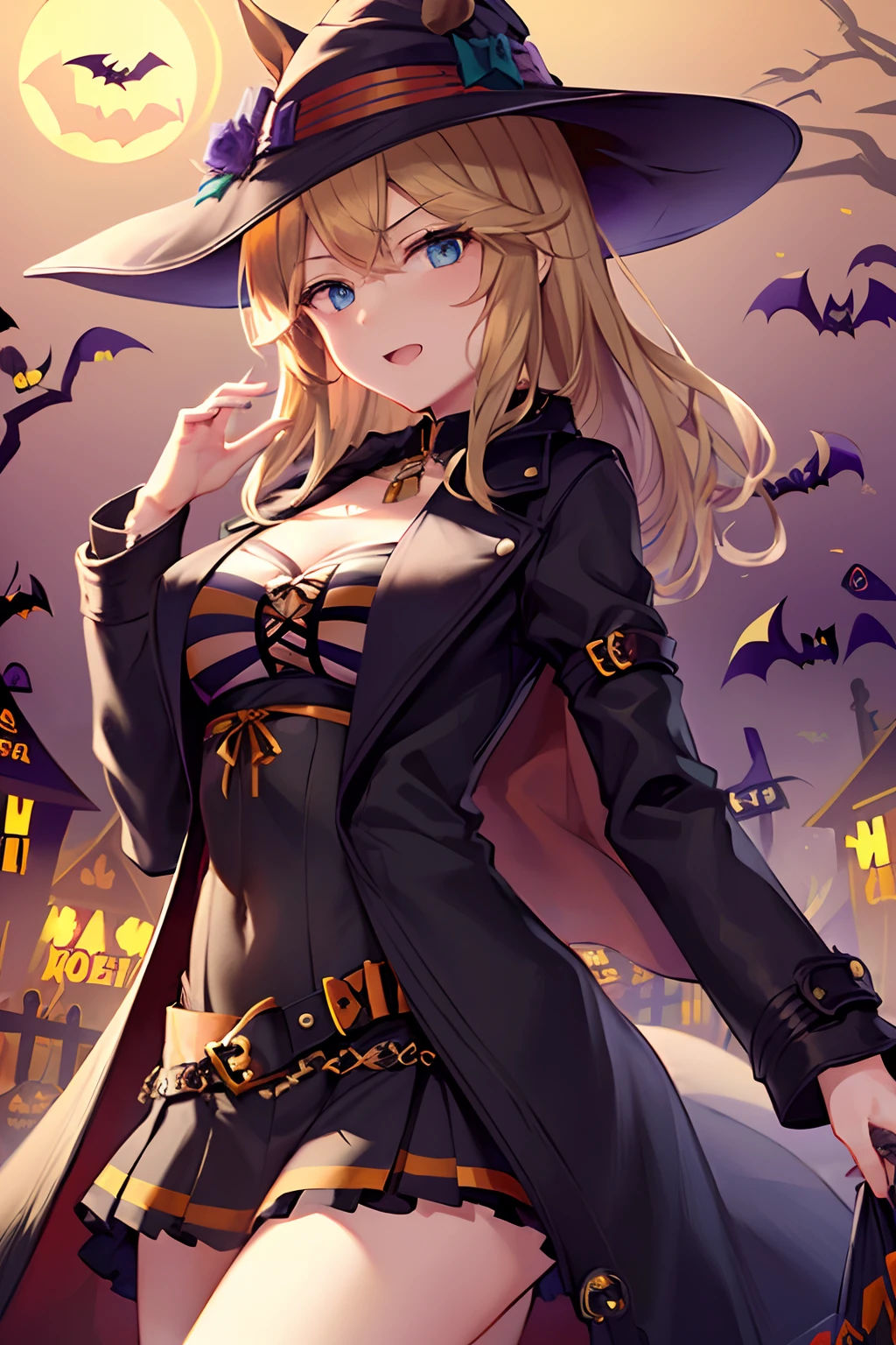 (masutepiece.Top image quality).1 girl in.Golden hair.long.Blue eyes.Horse-eared girl.Golden horsetail.((Halloween Costumes:1.4))((Long coats and skirts:1.3)).(Mid Night Halloween:0.8).