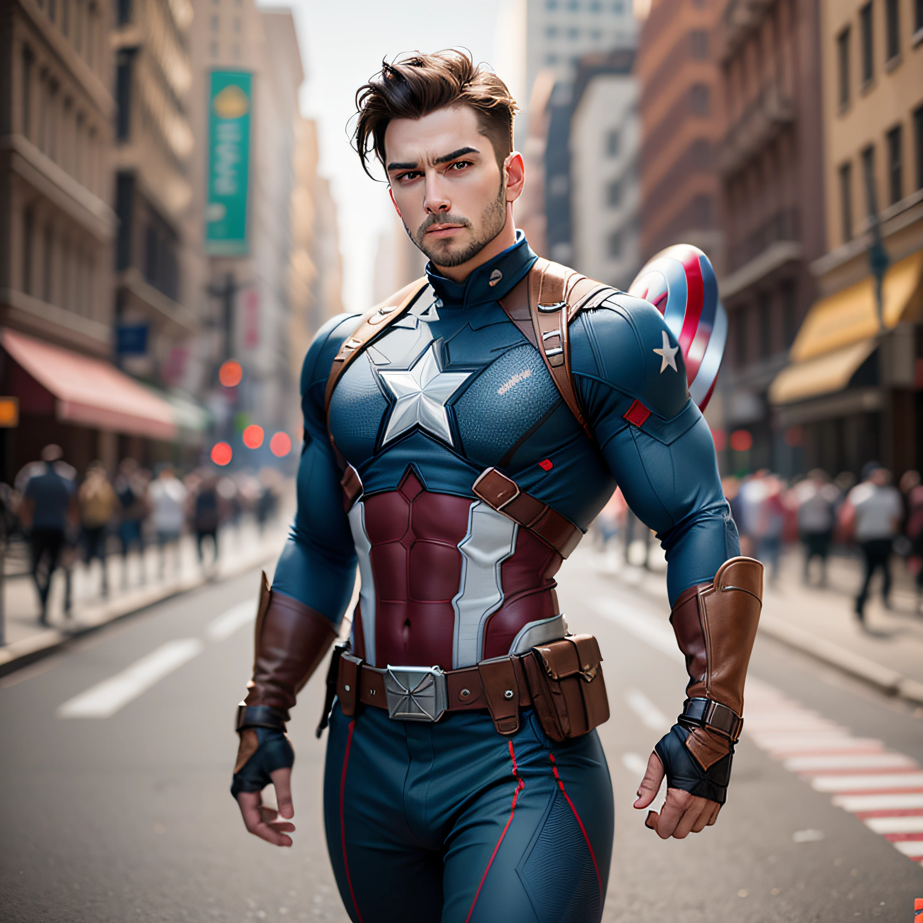 Dark-haired man in Captain America costume, Realistic Detailed Face Detailed Body, Высокодетализированное разрешение 8k CGI, Sunlight, new york city, shot with Hasselblad X1D 50C, hasselblad XCD 80mm f/1.9, f/2.8 - f/4, 1/125 - 1/250, ISO 100 - 400