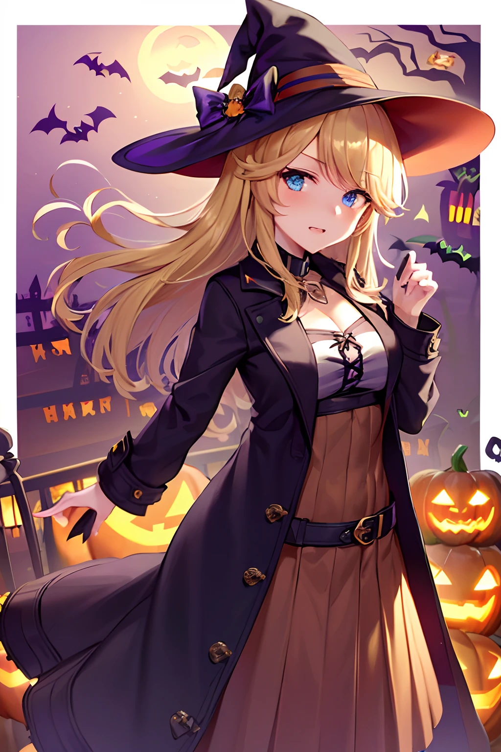 (masutepiece.Top image quality).1 girl in.Golden hair.long.Blue eyes.Horse-eared girl.Golden horsetail.((Halloween Costumes:1.4))((Long coats and skirts:1.3)).(Mid Night Halloween:0.8).