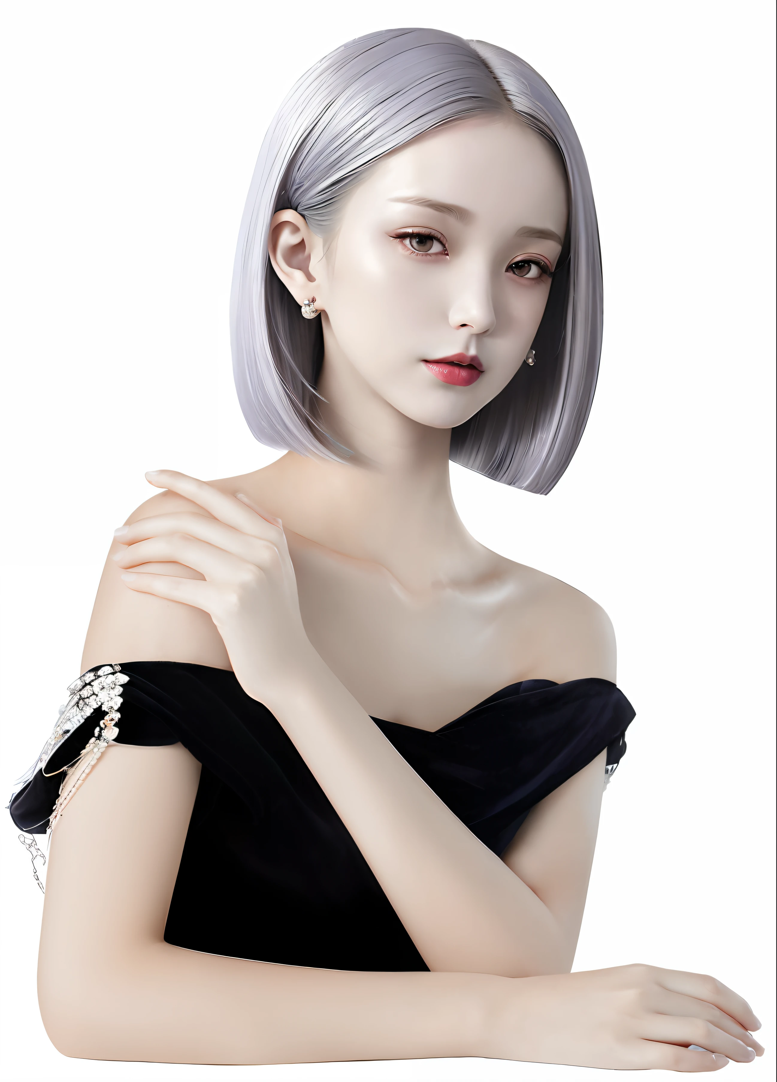 Close-up of a woman with short gray hair, digital art of an elegant, Girl silver hair, inspired by Yanjun Cheng, Silver hair (pony tails), Silver hair girl, Guviz-style artwork, inspired by Russell Dongjun Lu, inspired by Sim Sa-jeong, realism art style, Girl with white hair, Girl with short white hair