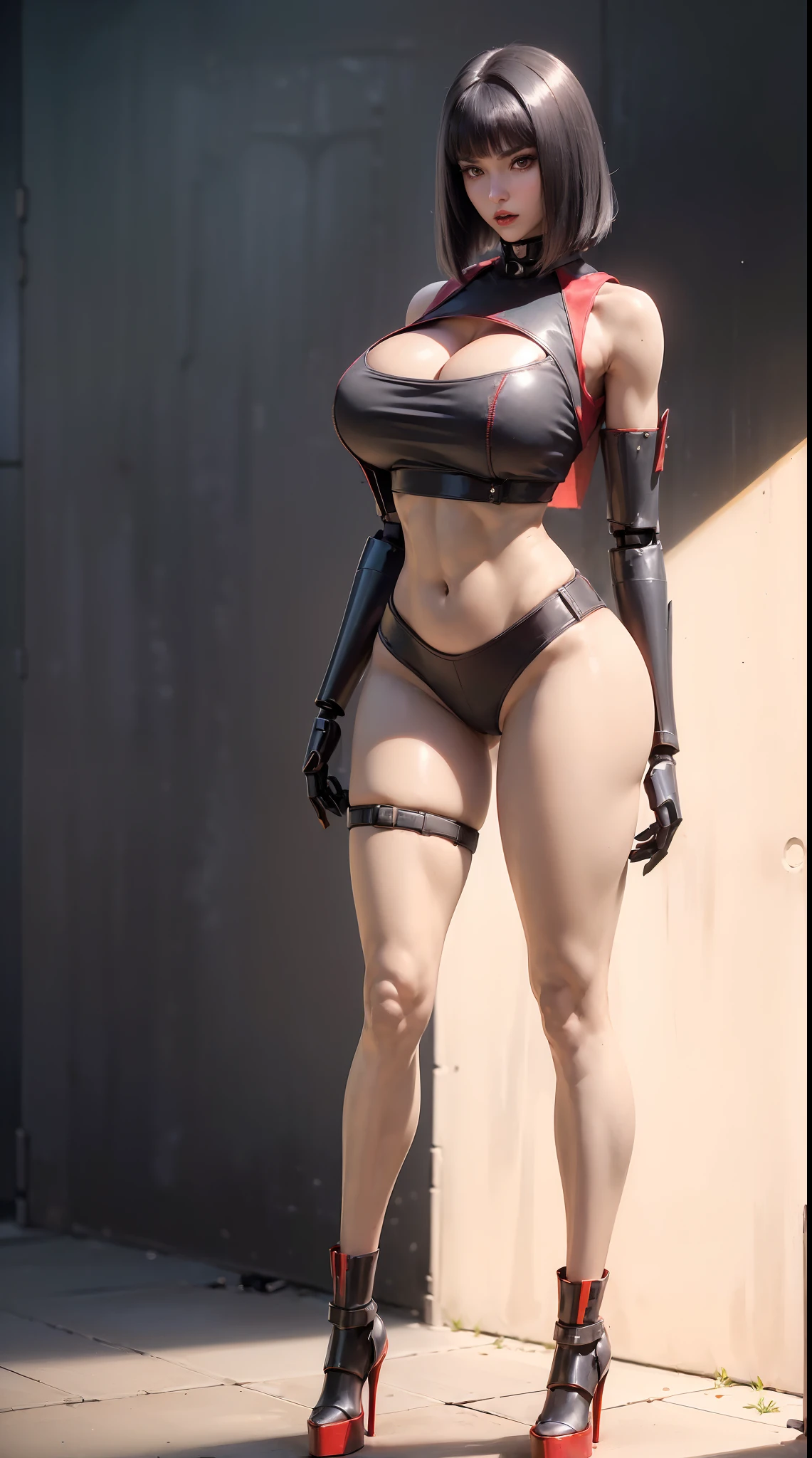 (1GIRL,SOLO:2), (super detailed face), ((BIG BUTTOCKS, HUGE FAKE BREASTS:1.5)), (CLEAVAGE TOP:1.5), (MUSCLE ABS:1.4), (MECHA GUARD ARM:1.5), ((WEARING BLACK RED MECHANICAL CROP TOP, MECHA GUARD LEGS, HIGH HEELS:1.6)), (LEWD VOLUPTUOUS BODY:1.3), (GLOWING SKIN:1), (LONG LEGS, FULL BODY:1.3), (LOOKING AT VIEWER:1.3), (female focus:0.886), (WALKING DOWN HALLWAY OF FUTURISTIC SPACE STATION:1), (BRIGHT LIGHT WHITE_ROOM:1.3), SUPER TEXTURE, UNREAL ENGINE RENDER, PHYSICALLY-BASED RENDERING, ULTRA HIGHT DEFINITION, 16K, 1080P.