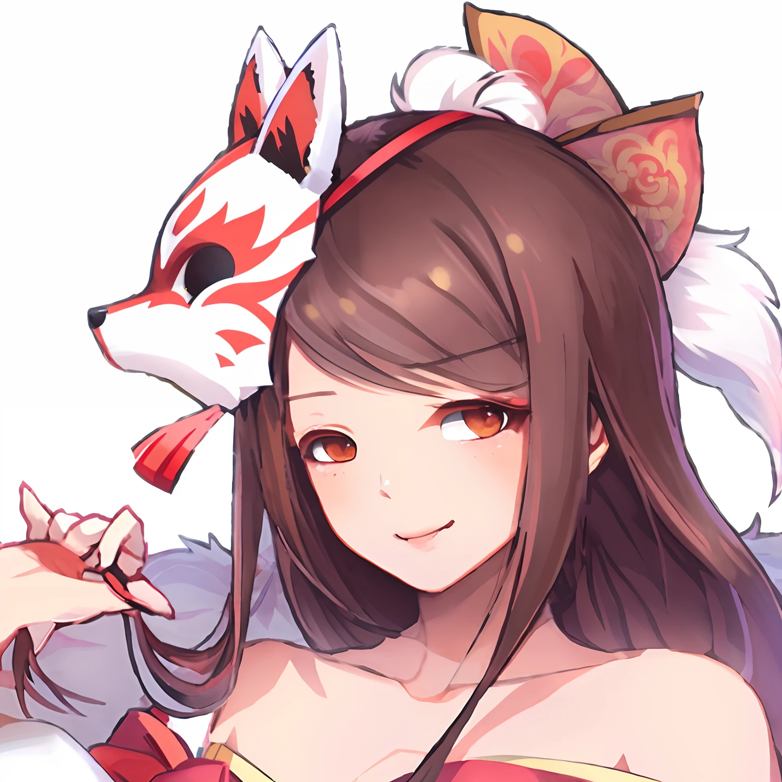 Anime girl with cat headband and red and white dress, onmyoji portrait, onmyoji, fox nobushi, a beautiful kitsune woman, Onmyoji detailed art, with kitsune mask, Kitsune, portrait of ahri, Ayaka Genshin impact, a beautiful fox lady, drak, kitsune mask, ahri, Also