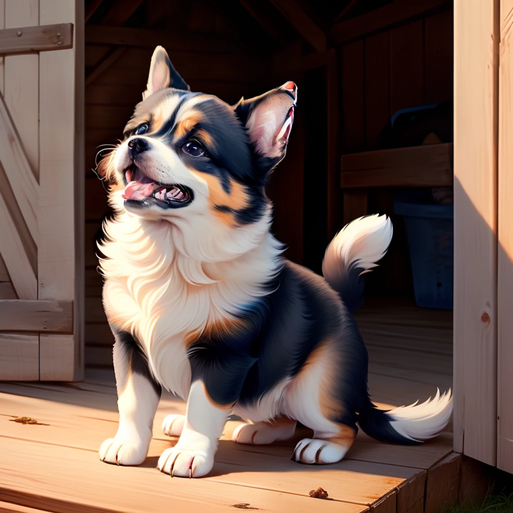 cute puppy howling in barn