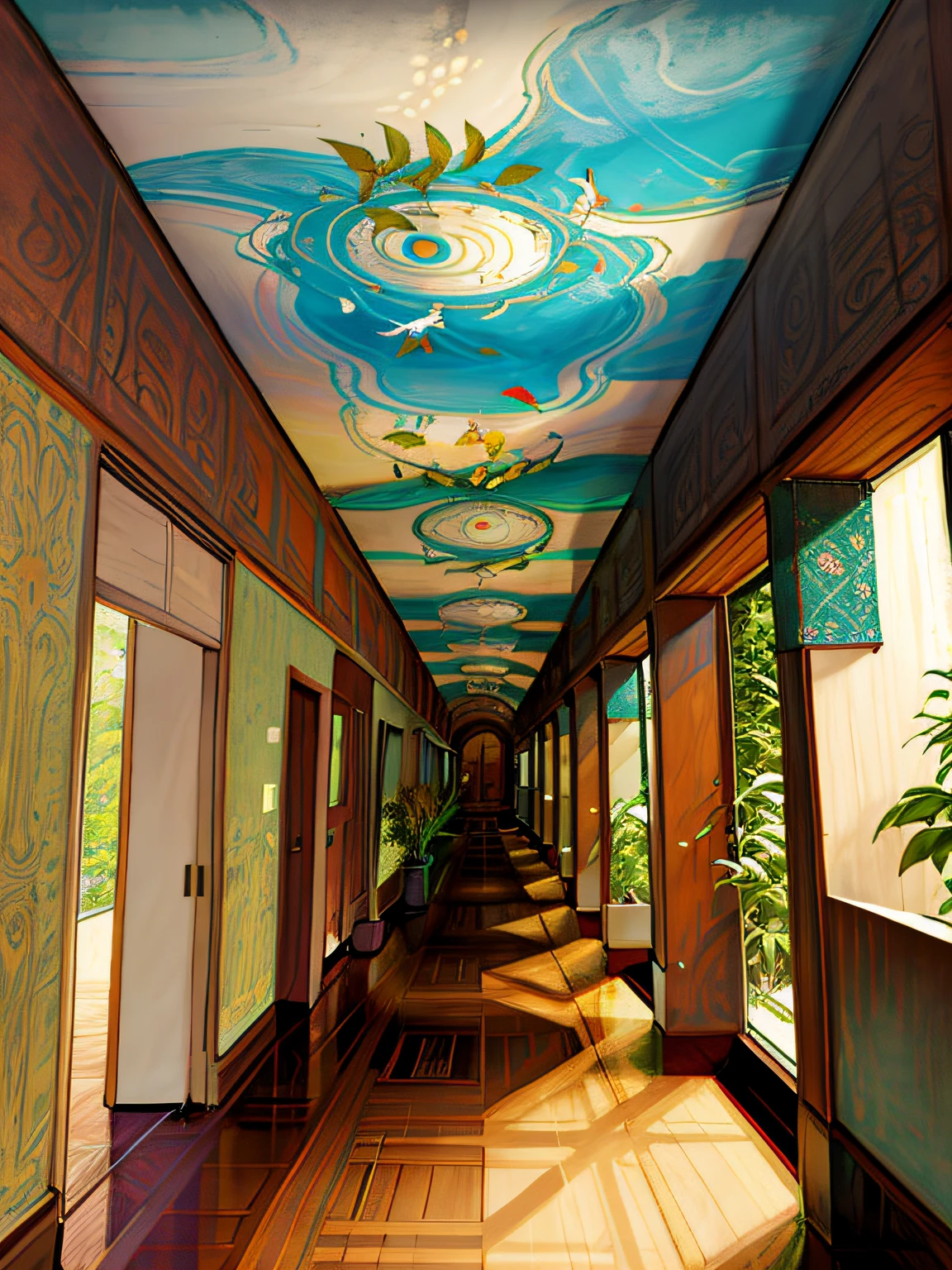 drawing of a hallway corridor with a drawing of eye on the selling with bird in the corridor and decorated with flowers and leaves forest style coridor , liminal space hallway corridor , , infinite hallway, architectural illustration,