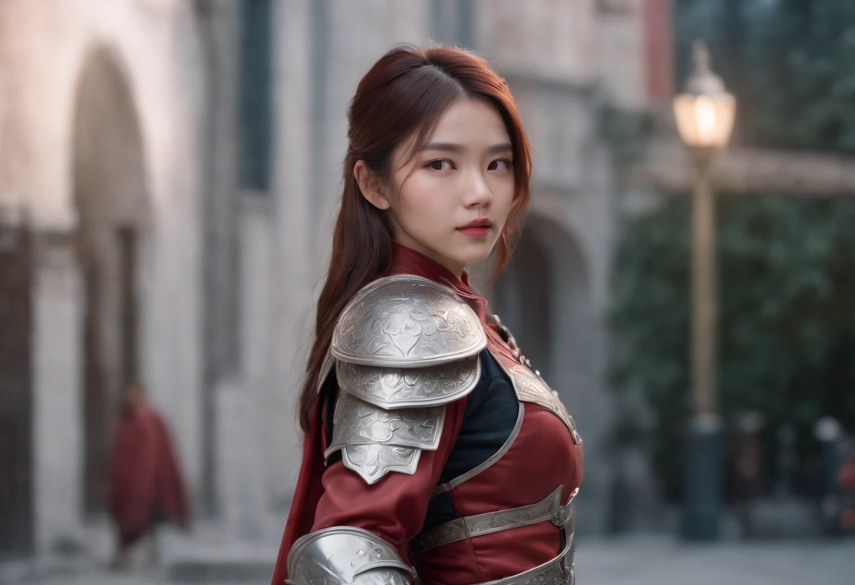 midnight,street, Full-fledged Girl Warrior ,Full body photo standing on the street,The character is on the right side of the screen, Pose in silver-blue armor, Sophisticated scene style, glitters, Red, Realistic style, 8K,Laika,Light Garden F0.98,exposure blend, wide-angle lens, Character sharpening,Background bokeh, (hdr:1.4), High contrast, (Cinematic, Dark red and white film), (pastel colour, dim colors, soothing tones:1.3), Low saturation, (ultra - detailed:1.2), (Nero:0.4) , Cute face , Asian girl,Demon Tech,From Terchar