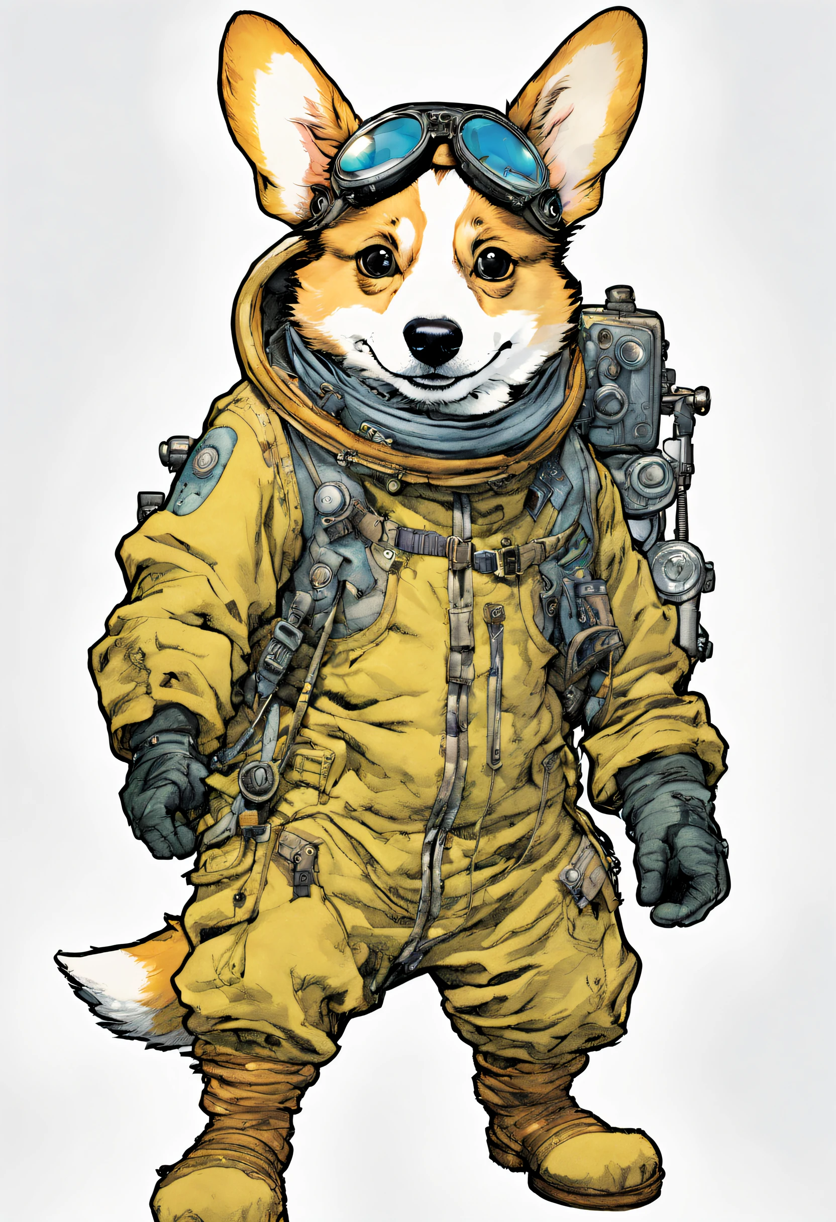 Comic Laemmle, by Katsuya Terada, hard disk, Manga, Show Avatar,corgi, Katsuya Terada STYLE, corgi, Black Eye, Muppets, It features a simple, Steered, , Manga, Contrasty, Porth, Full body, Dynamic Paws, Millary Gear, goggles, hoods, by Katsuya Terada, clean, compact, It features a simple、the golden ratio、Masterpiece、top-quality