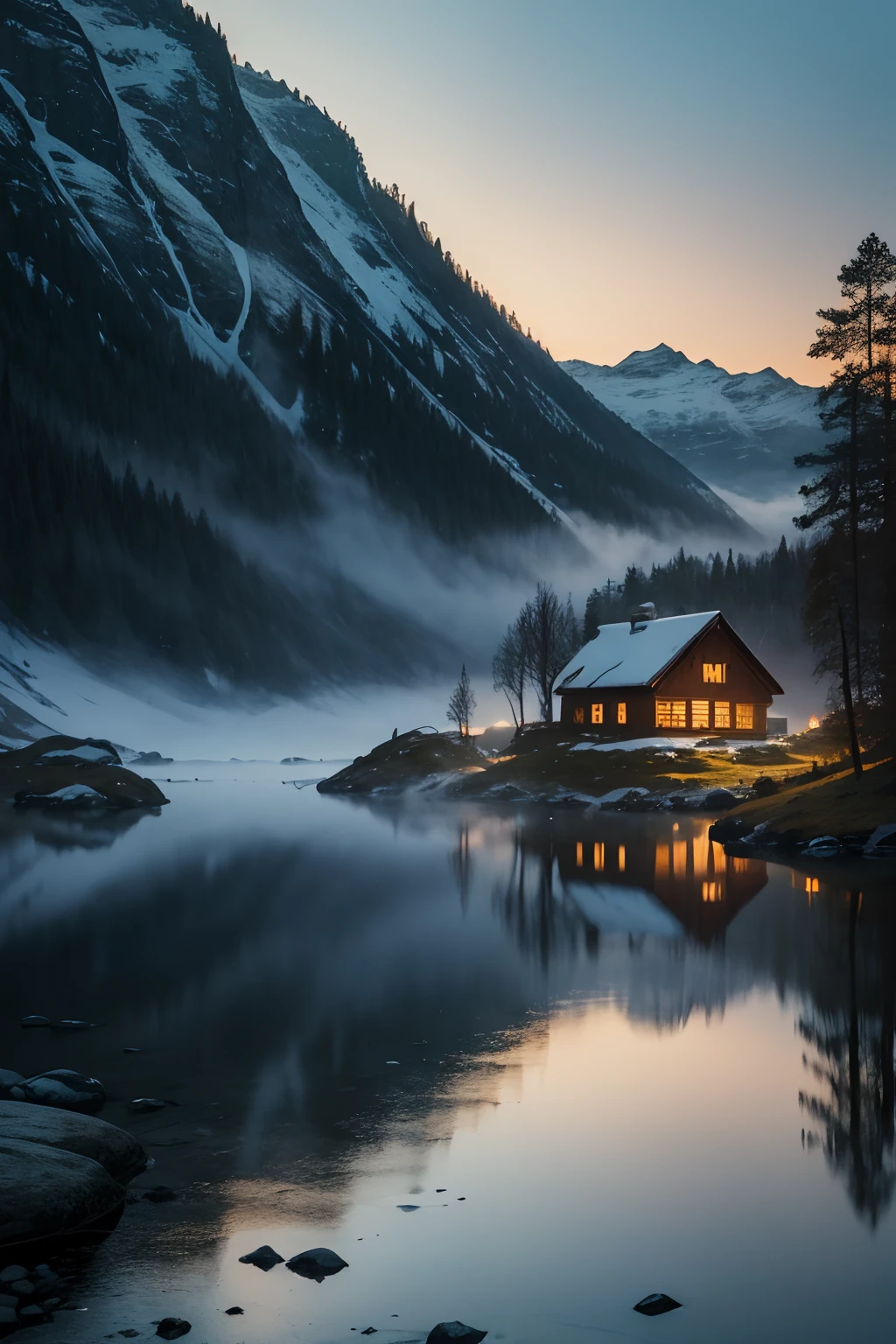 (best quality,highres,masterpiece:1.2),natural,serene,foggy,autumn in Norway,gorgeous,fjords,vibrant colors,mountain cottage,misty,fishing boat,dusk,peaceful,ethereal,moody,tranquil,sublime landscapes,reflection on water,isolated,remote,serene atmosphere,cozy,embrace of nature,majestic,mystical,fairytale-like,magical ambiance,warm glow from the cottage,welcoming,inviting,serenity of the mountains,harmony with nature,solitude,beautifully desolate,wonderfully atmospheric