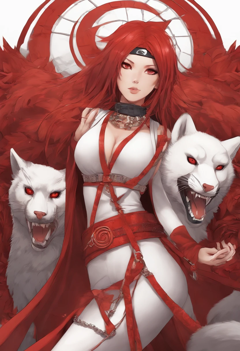 Female, Big Boob, Red Hair, Chains Atound them, naruto, wearing a White & Red, Animal Mask, Uzumaki, Anime