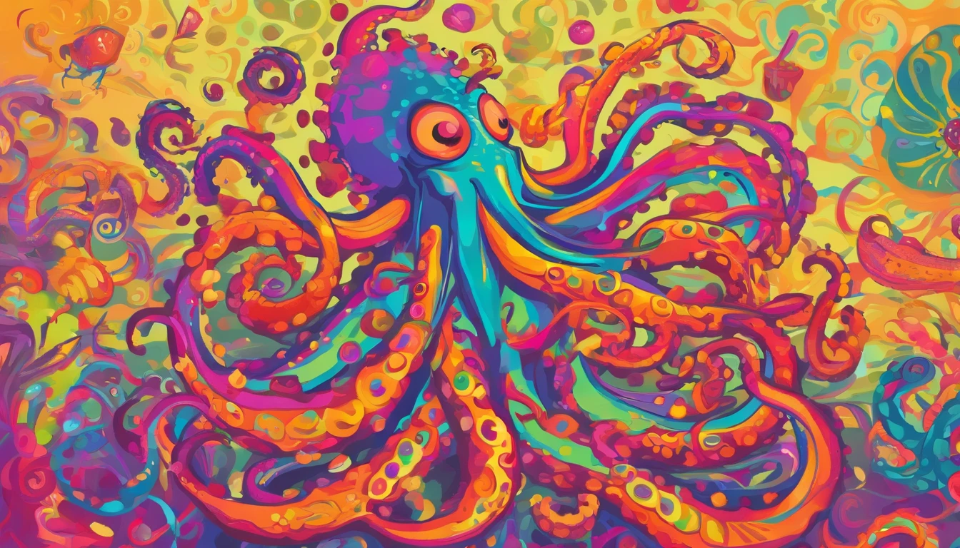 metal_tee, a psychedelic, abstract design of a sea creature, with a large, colorful mouth and tentacles extending from its body. The creature is surrounded by a vibrant, psychedelic color scheme, vector digital illustration, (black background:1.5) <lora:metal_tee_sdxl:1>