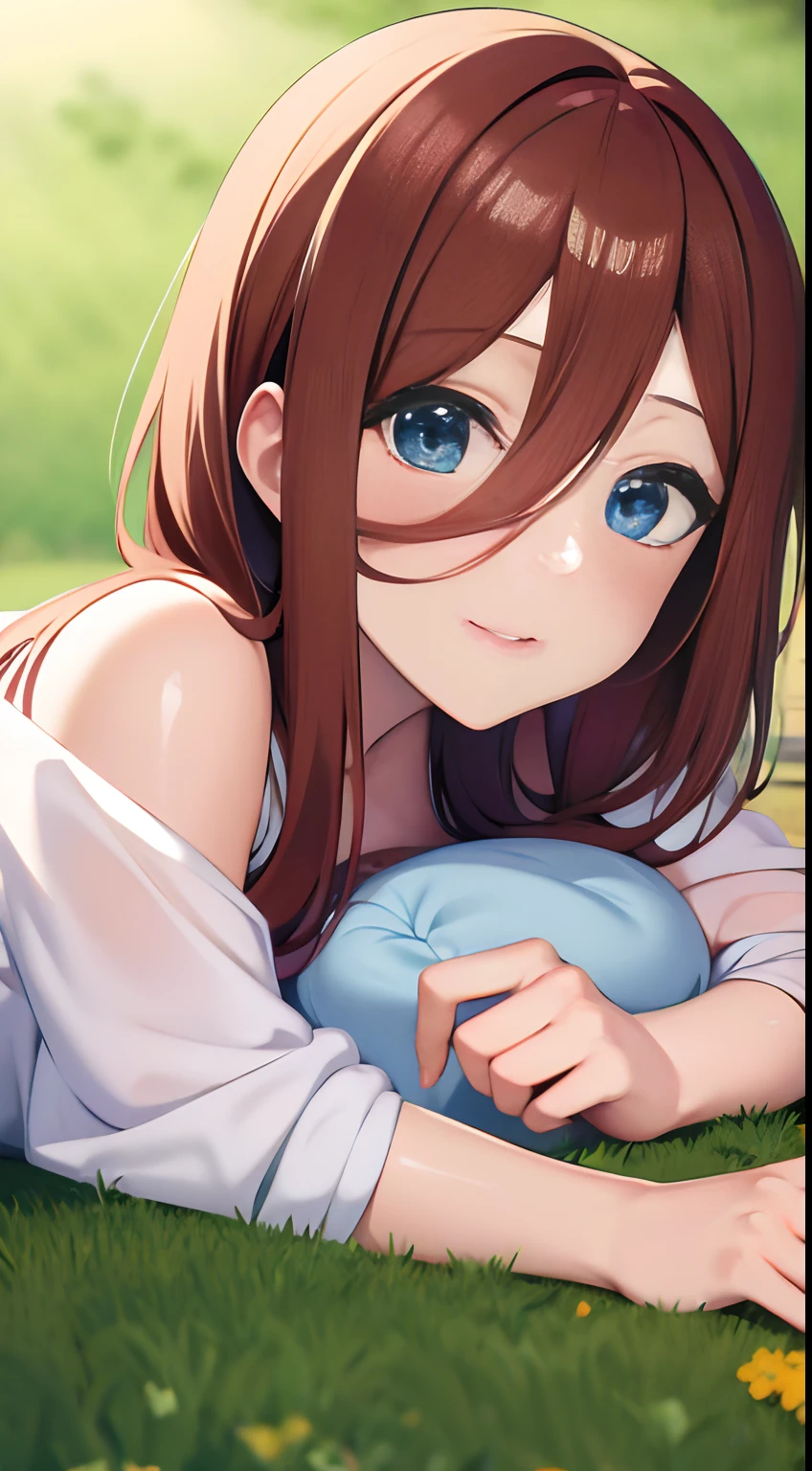 (masterpiece, high quality, high res), Nakano Miku (quintessential quintuplets), brown hair, bangs, headphones, sleeping on grass, laying down, garden background, flowers, curvy body, cute smile, both eyes closed, flowers, mature look, anime version, extremely detailed, UHD, 4k, 8k, award-winning, sharp focus, anime version, detailed face