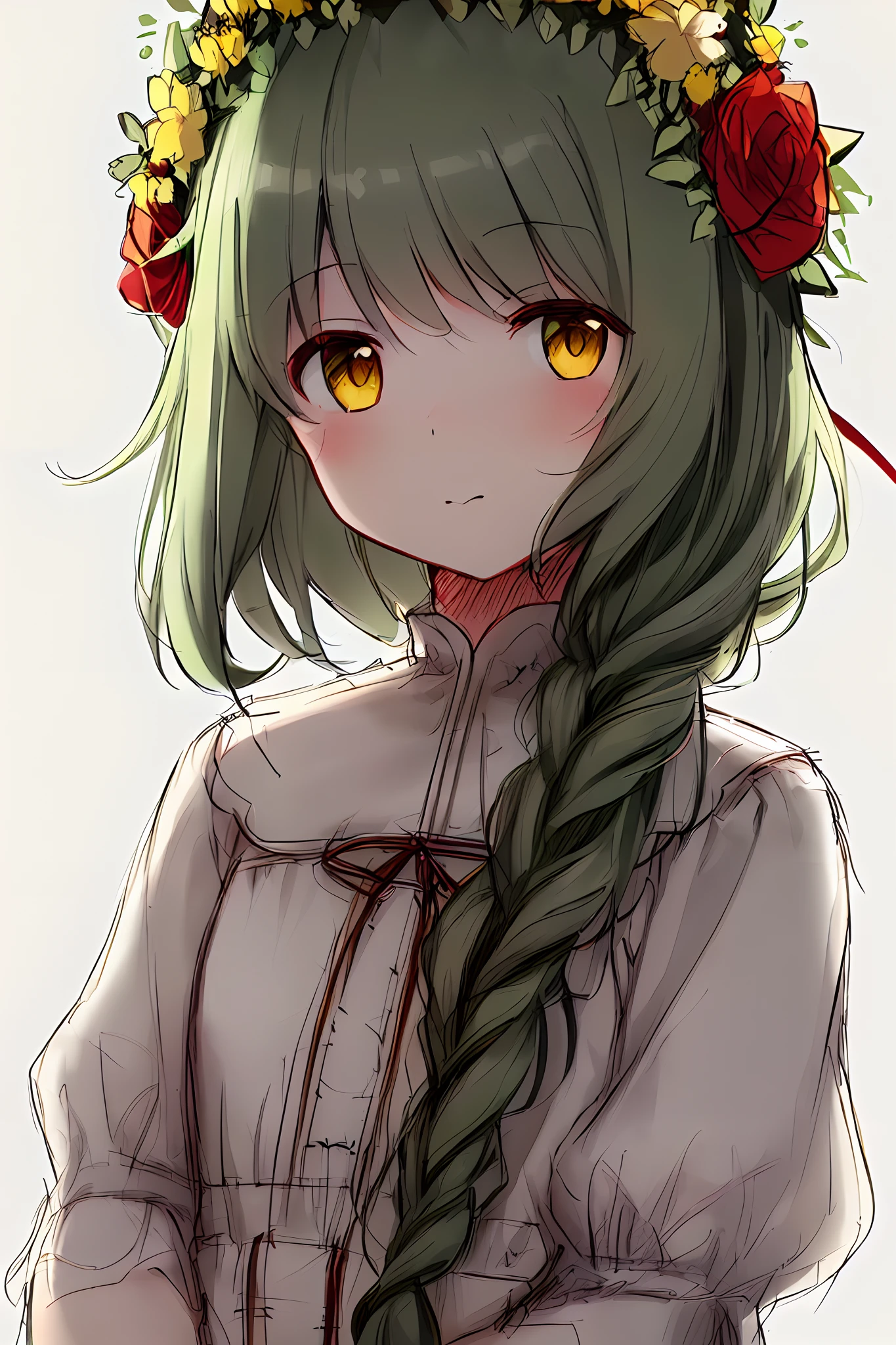 (sketch drawing:1.3), (pencil drawing), close up, 1girl, (cute), rosy cheeks, (light yellow eyes), (dark green hair:1.3), (courly hair:1.3), ((only one braid)), (small braid), long bang, (yellow flowers wreath), (white blouse), (red embroidery blouse), (white background)