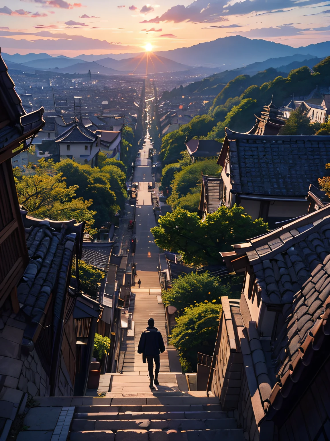 (top-quality、hight resolution、8k、colourfull)。Bandits of 1995、Goemon Ishikawa(The Great Thief、Stubble、Unkempt hair、Looks like a kabuki actor、Iga Ninja Shinobi、Wonderers、Iga-ryu Ninjutsu、Rebels targeting those in power)、Boldly stuffing money and goods stolen from powerful people in a large furoshiki and carrying them on his shoulders、View the castle town in the distance from the castle rooftop、The sunset turns the castle town red