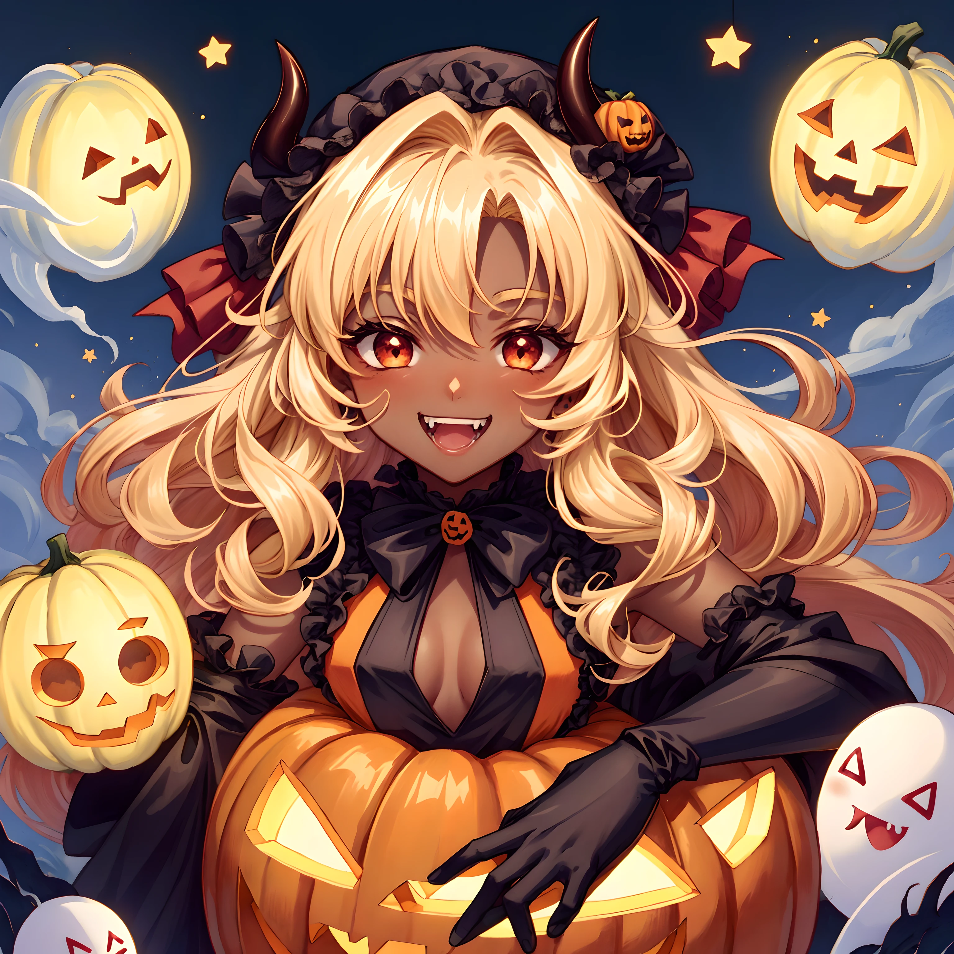 Devil, black devil, cute devil, anime illustration, ultra detailed, hyper sharp image, fangs. blonde wavy curly long hair, wearing rubber costume, halloween festival, jack o'lantern, ghost, happy smile, cute smile, red eyes, dark skin, eating pumpkin, chibi emote,