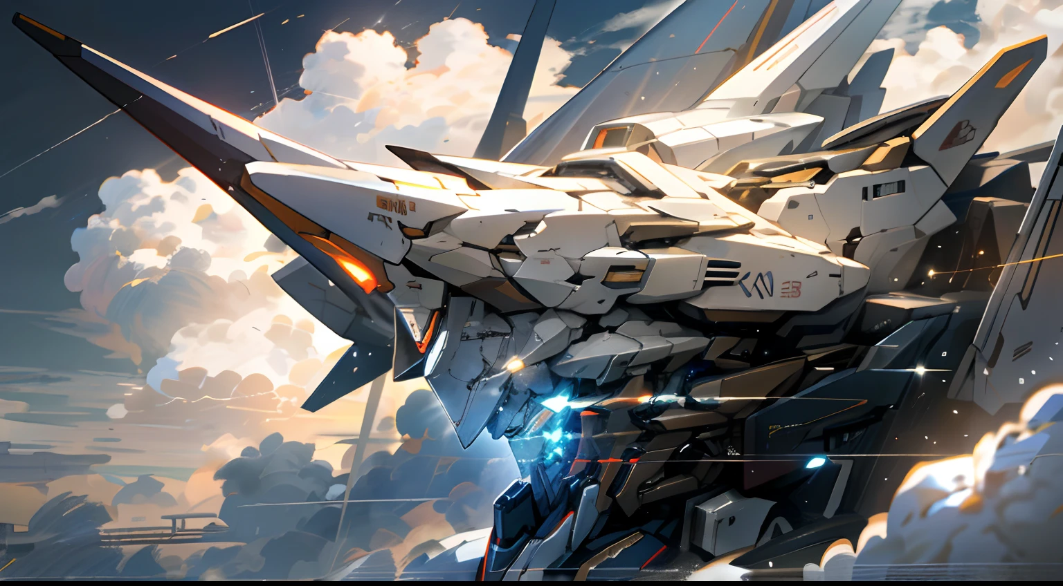 Gundam shuttles through the clouds,Skysky,clouds,Holding_arma,No_Humanity,with light glowing,divino,mechs,Up,buliding,Glowing_Eyes,Mecha,scientific fiction,城市,Realistis,8K in mecha,Original Drawing,CG