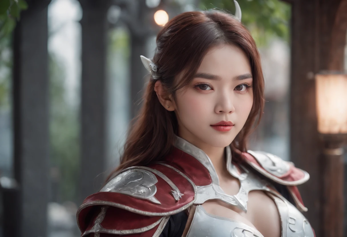midnight,street, Full-fledged Girl Warrior ,which stands on the street,full bodyesbian,The character is on the right side of the screen, Pose in silver-blue armor, Sophisticated scene style, glitters, Red, Realistic style, 8K,Laika,Light Garden F0.98,exposure blend, wide-angle lens, Character sharpening,Background bokeh, (hdr:1.4), High contrast, (Cinematic, Dark red and white film), (pastel colour, dim colors, soothing tones:1.3), Low saturation, (ultra - detailed:1.2), (Nero:0.4) , Cute face , Asian girl,Demon Tech,From Terchar